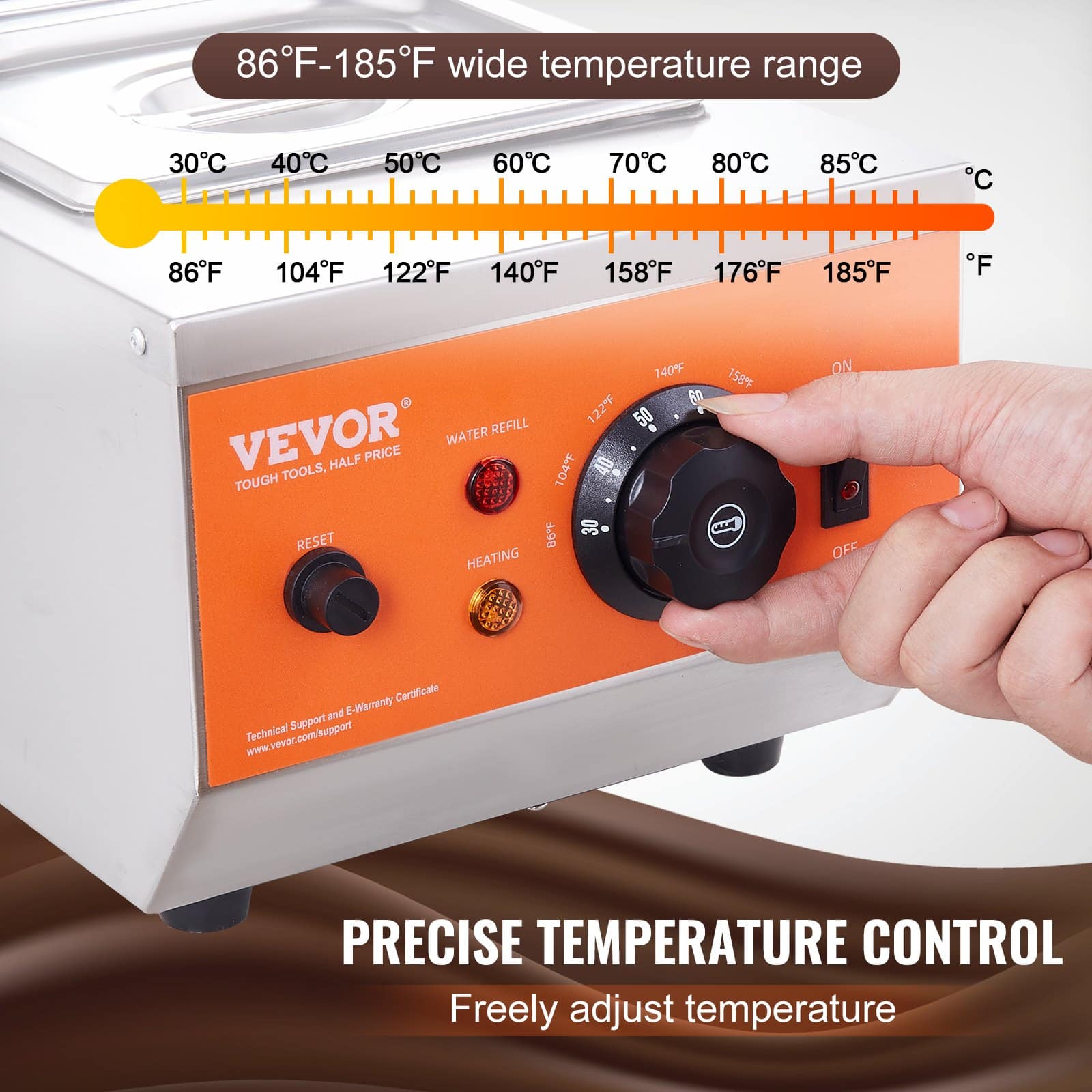 VEVOR 800W Chocolate Tempering Machine with 2 x 1.9L Tanks, 304 Stainless Steel, Precise Temp Control, Fast Heating – Paveikslėlis 3