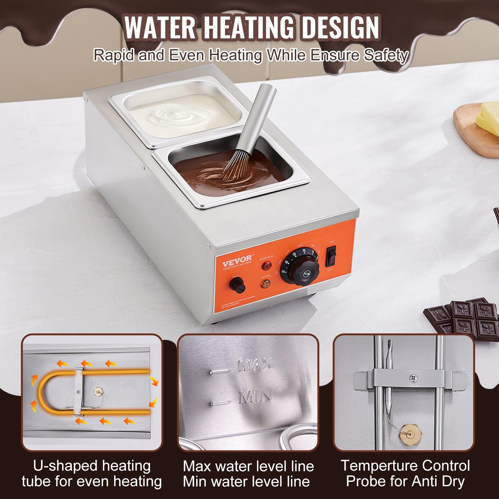 VEVOR 800W Chocolate Tempering Machine with 2 x 1.9L Tanks, 304 Stainless Steel, Precise Temp Control, Fast Heating – Paveikslėlis 4