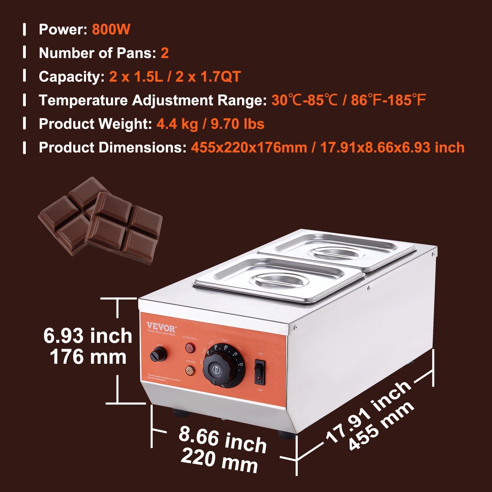 VEVOR 800W Chocolate Tempering Machine with 2 x 1.9L Tanks, 304 Stainless Steel, Precise Temp Control, Fast Heating – Paveikslėlis 7