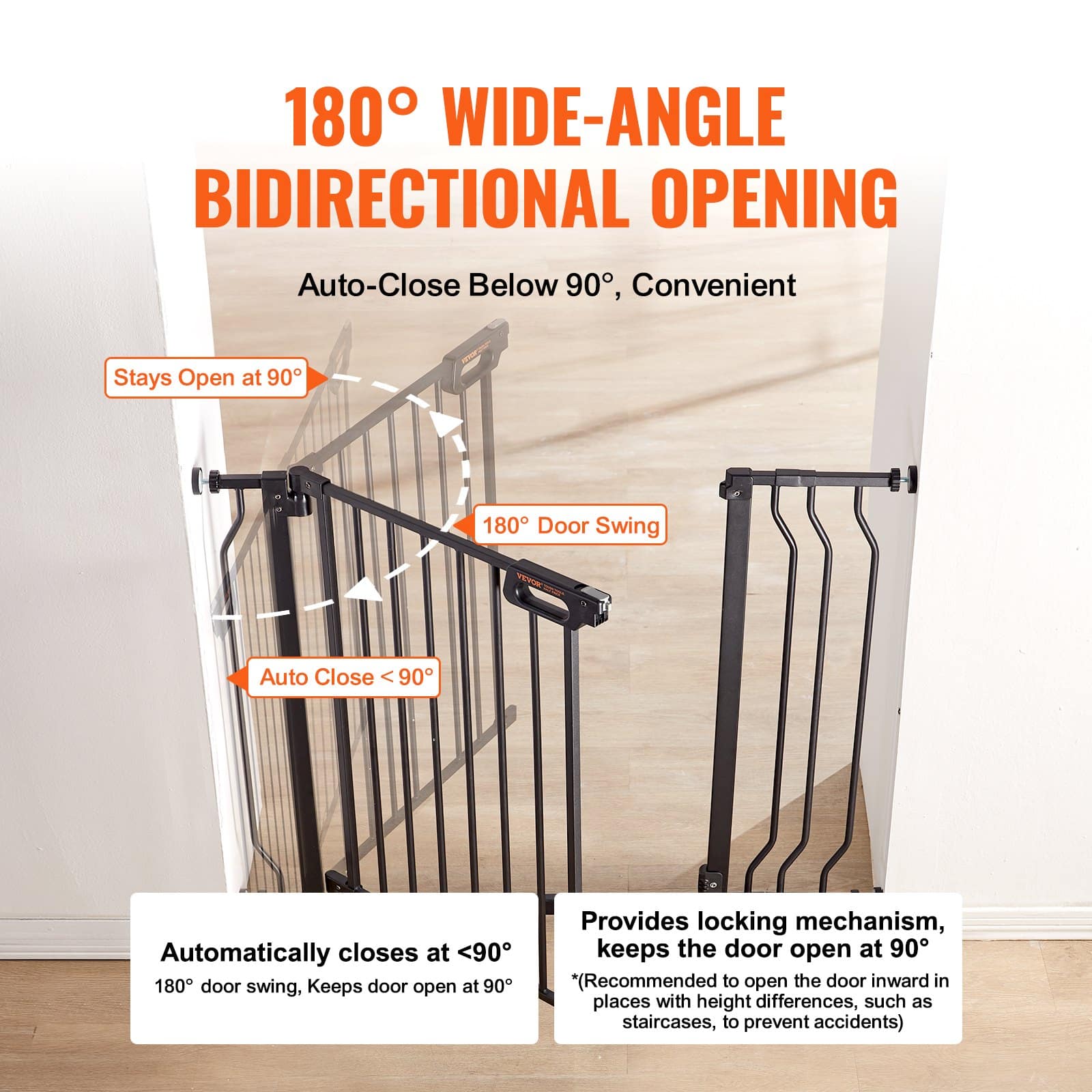 VEVOR Extra Wide Baby & Pet Safety Gate, 75–94 cm Adjustable, 76 cm High, Auto-Close, Dual Lock, Pressure/Wall Mount, Black - Зображення 4