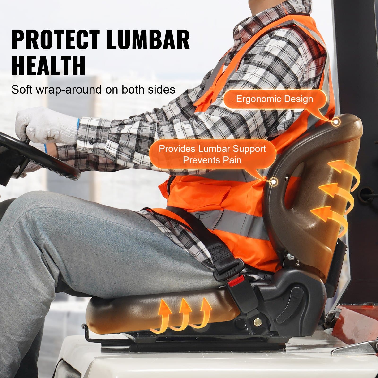 VEVOR Universal Forklift & Tractor Seat with Adjustable Backrest, Armrests, Seatbelt & Micro Switch – Fits Loaders & Excavators - Image 3