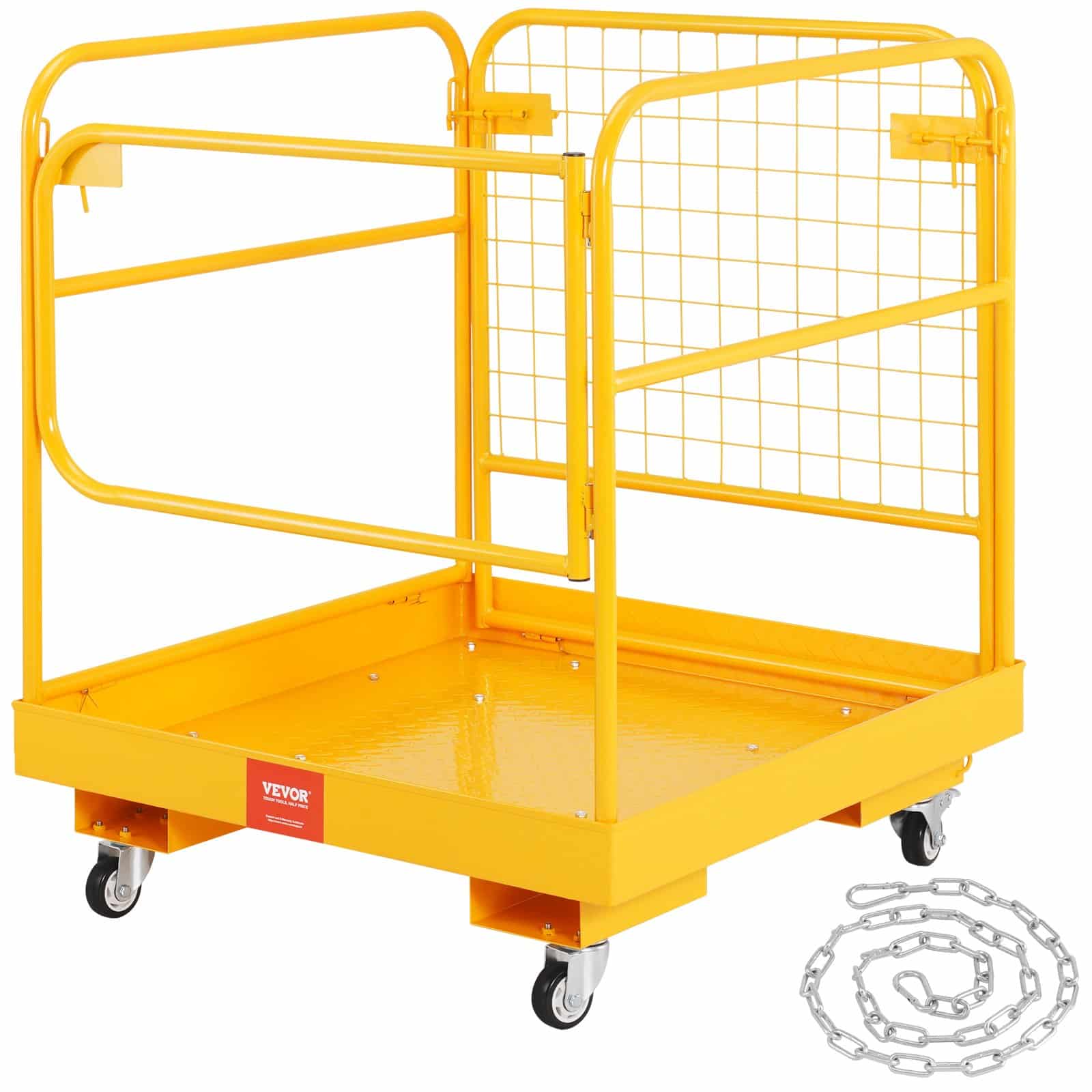 VEVOR Forklift Safety Cage, 544 kg Capacity, 91 x 91 cm Folding Work Platform with Wheels, Drain Hole & Chain for 2 Adults