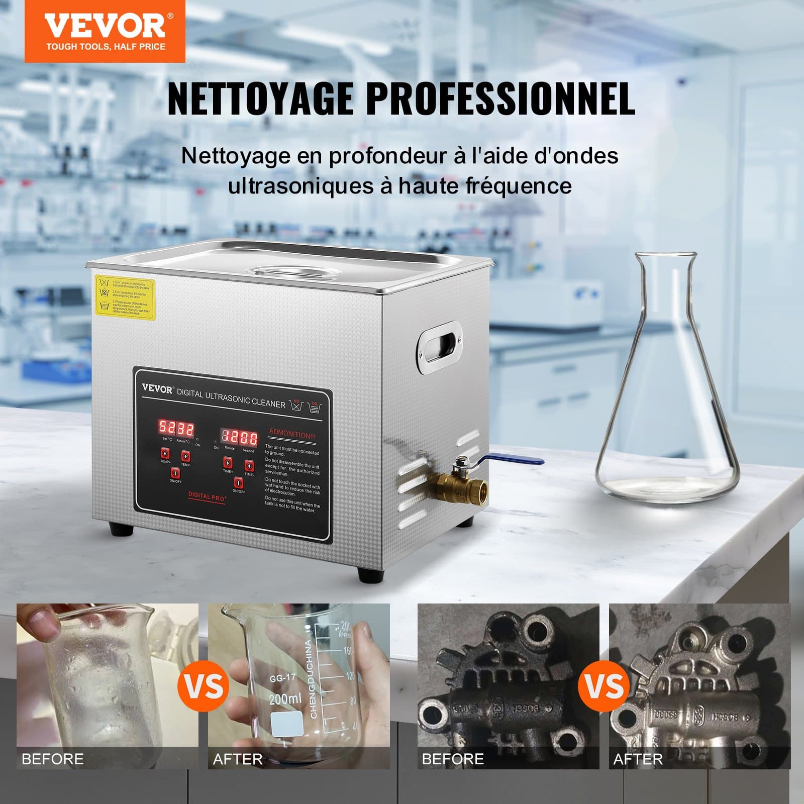 VEVOR 10L Ultrasonic Cleaner with Digital Timer & Heater – Stainless Steel, 40kHz Professional Cleaning for Jewelry, Glasses, Watches – Paveikslėlis 2