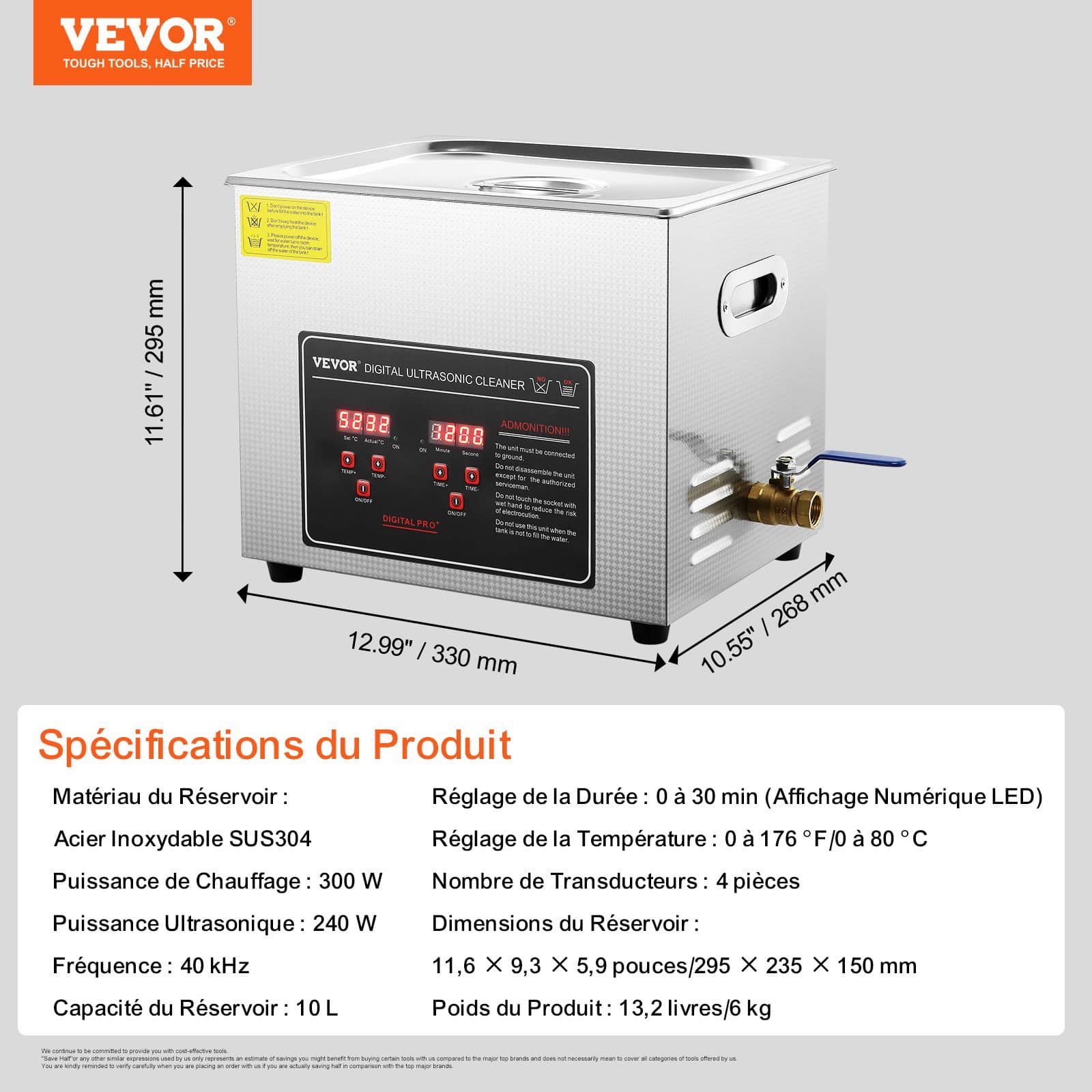 VEVOR 10L Ultrasonic Cleaner with Digital Timer & Heater – Stainless Steel, 40kHz Professional Cleaning for Jewelry, Glasses, Watches – Paveikslėlis 7