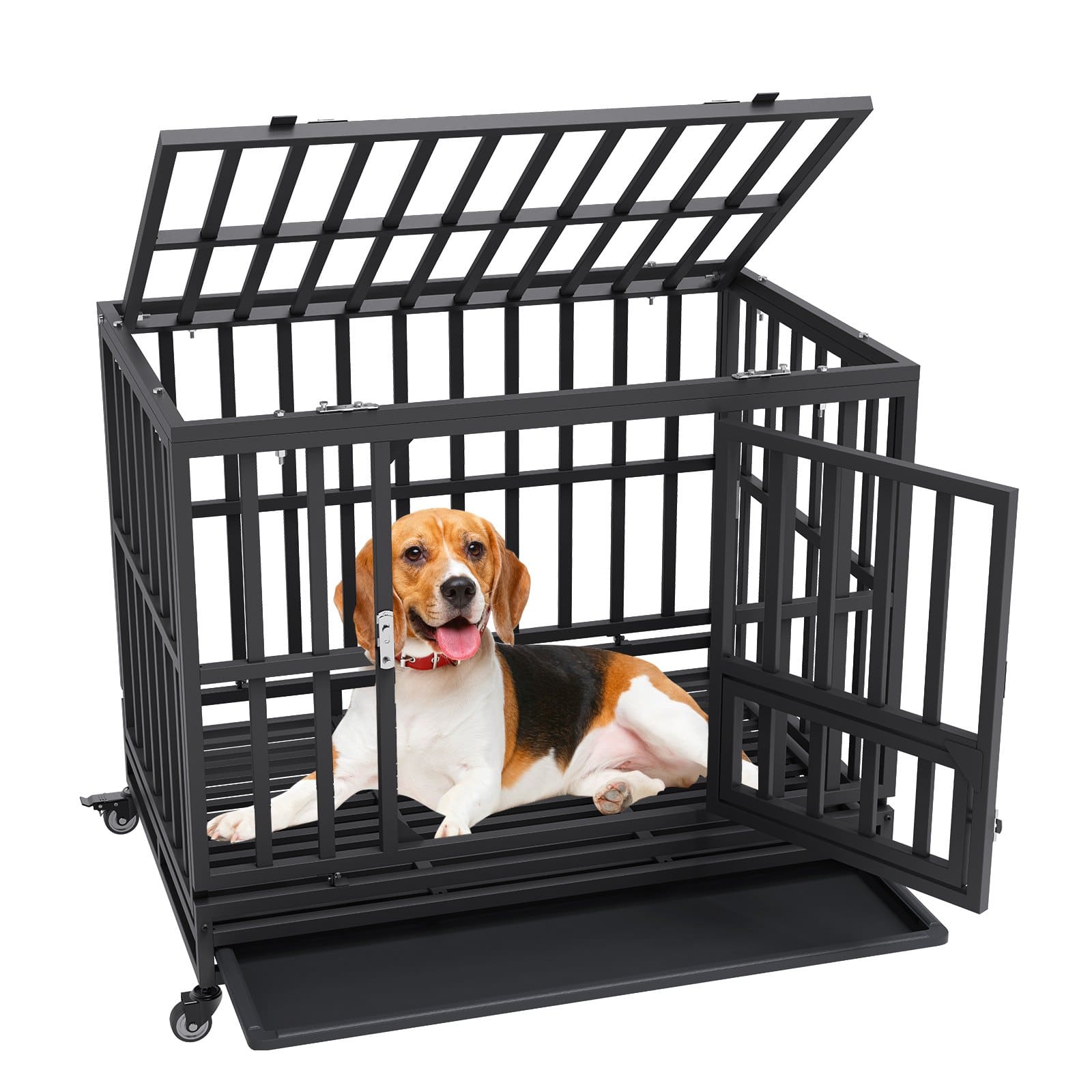 VEVOR 96cm Heavy Duty Indestructible Dog Crate with 3 Doors, Lockable Wheels & Tray for Medium to Large Dogs - Indoor/Outdoor