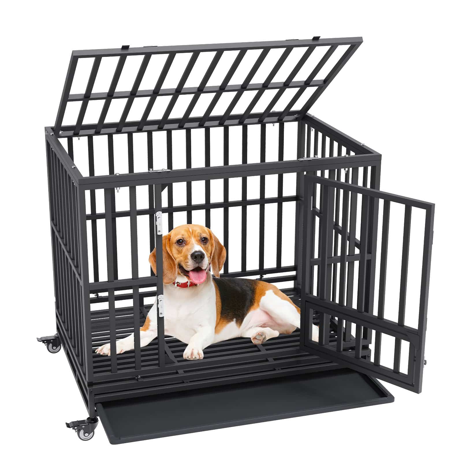 VEVOR 107 cm Heavy Duty Indestructible Dog Crate with 3 Doors, Lockable Wheels & Tray for Medium-Large Dogs, Indoor/Outdoor Use