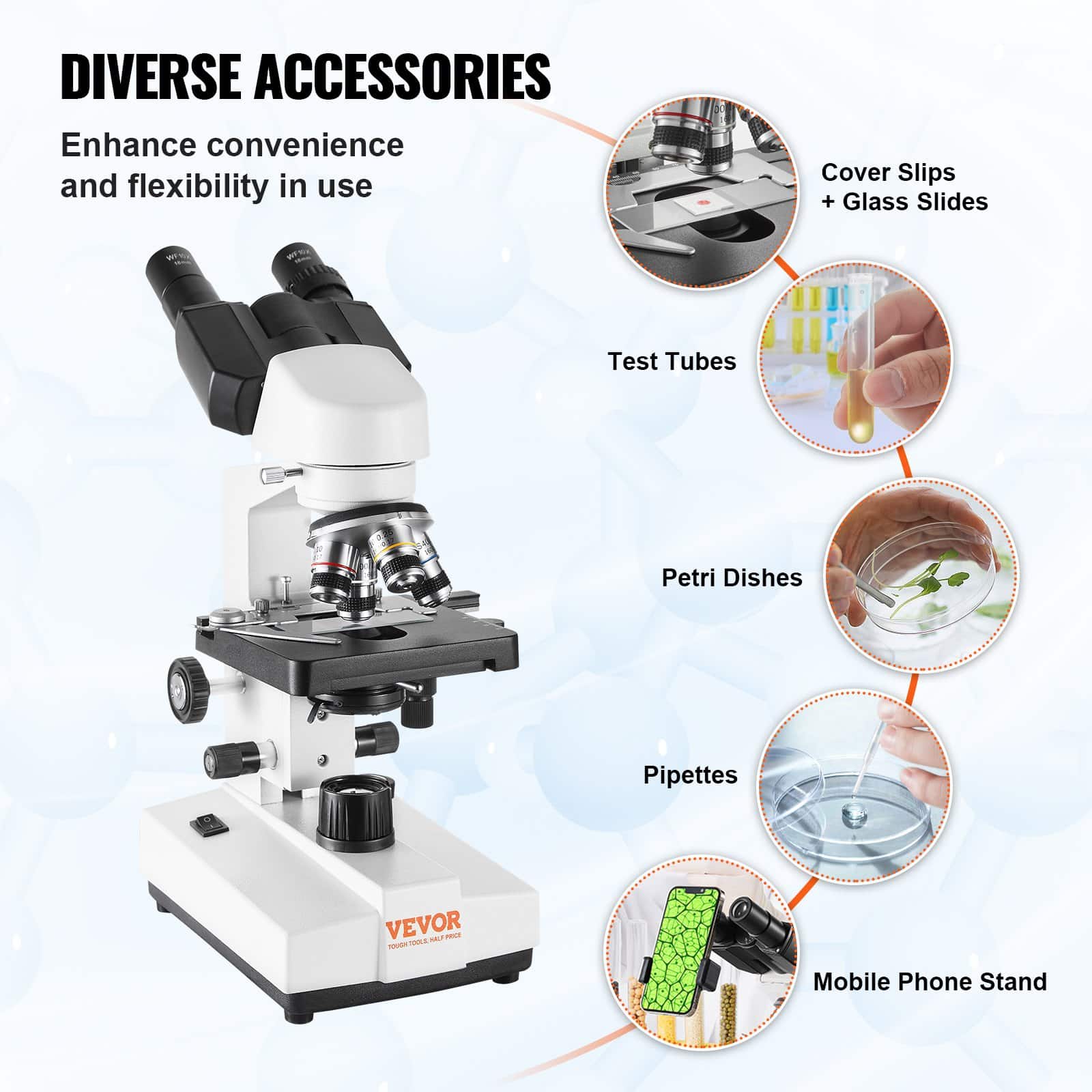 VEVOR Binocular Compound Microscope 40x–2500x with LED, Mechanical ...