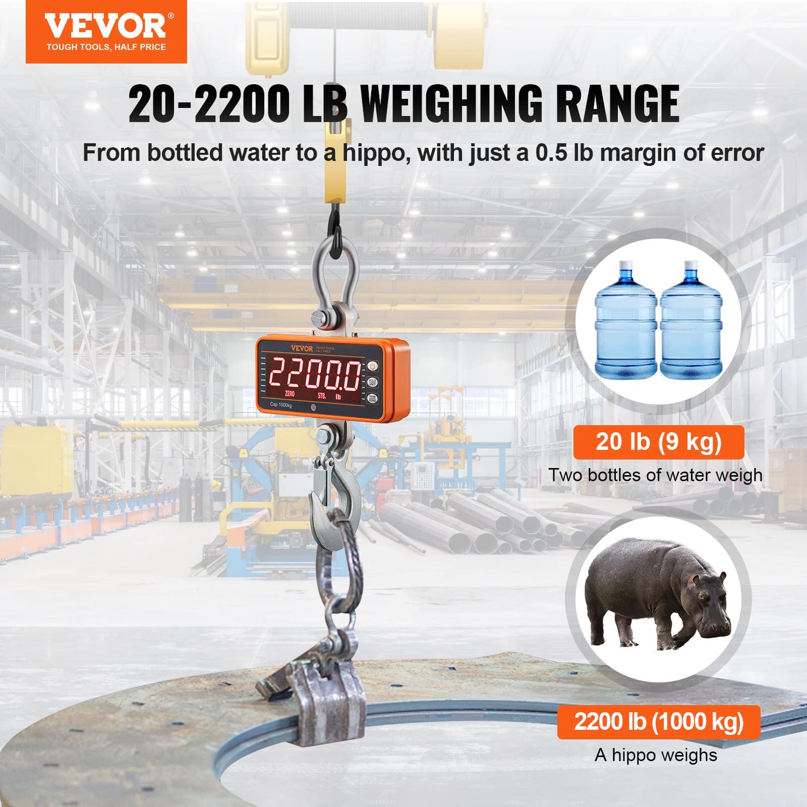 VEVOR Digital Crane Scale 1000 kg with Remote, LED Display, Cast Aluminum, High Precision Hanging Scale for Industrial Use — Attēls 2