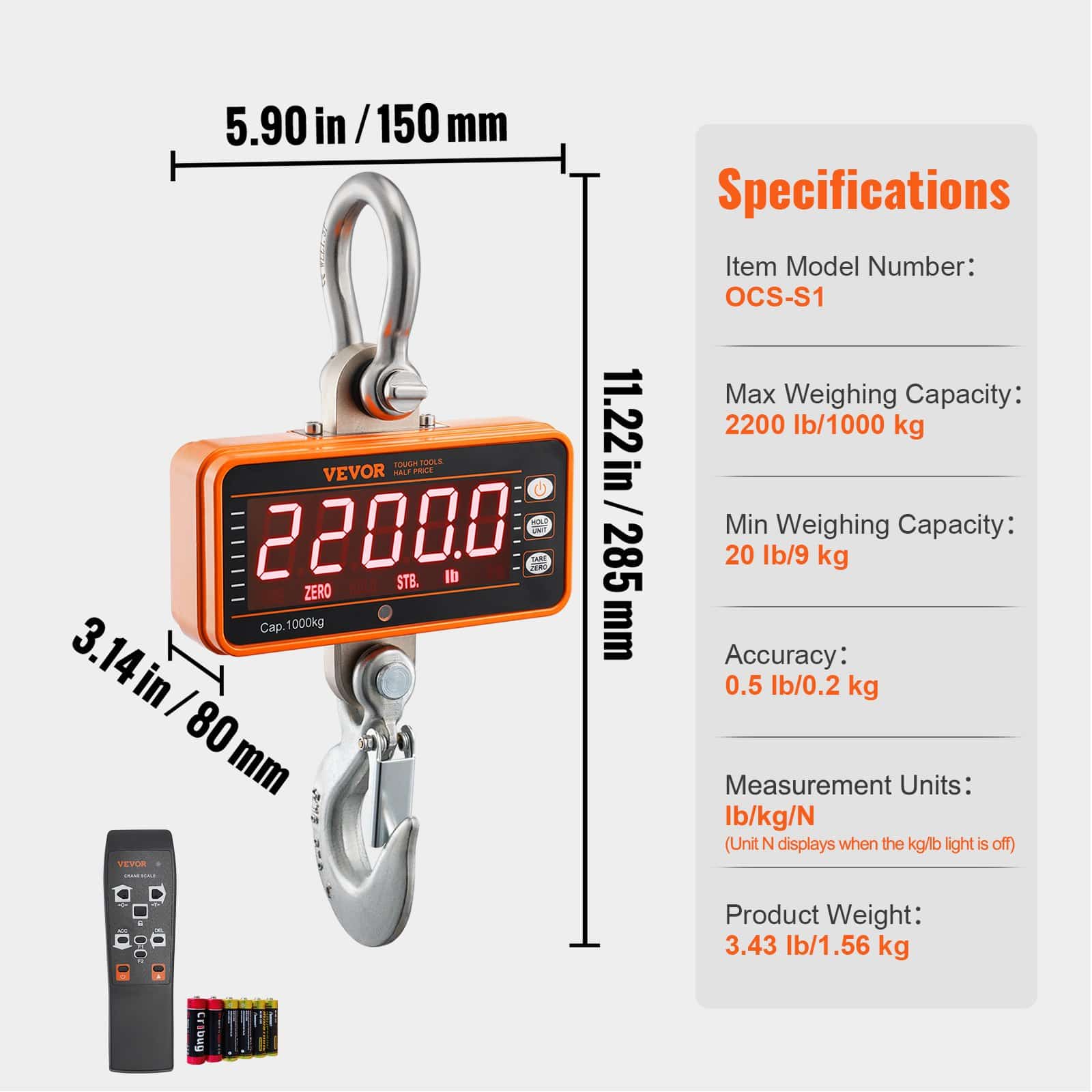 VEVOR Digital Crane Scale 1000 kg with Remote, LED Display, Cast Aluminum, High Precision Hanging Scale for Industrial Use — Attēls 7