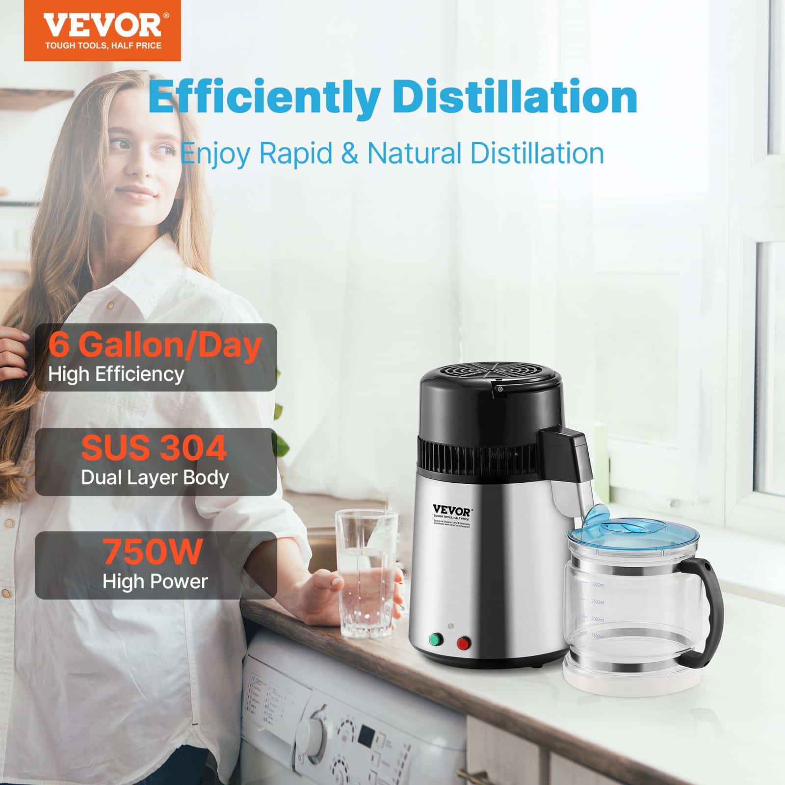 VEVOR 4L Stainless Steel Water Distiller Purifier, 750W, 1L/h, Glass Container, for Home, Office, Lab, Medical Use - Pilt 2