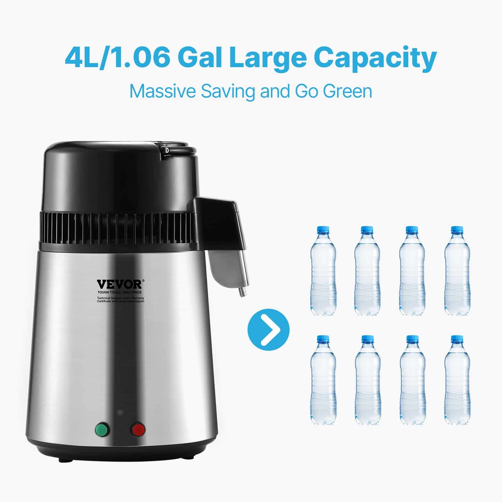 VEVOR 4L Stainless Steel Water Distiller Purifier, 750W, 1L/h, Glass Container, for Home, Office, Lab, Medical Use - Pilt 3