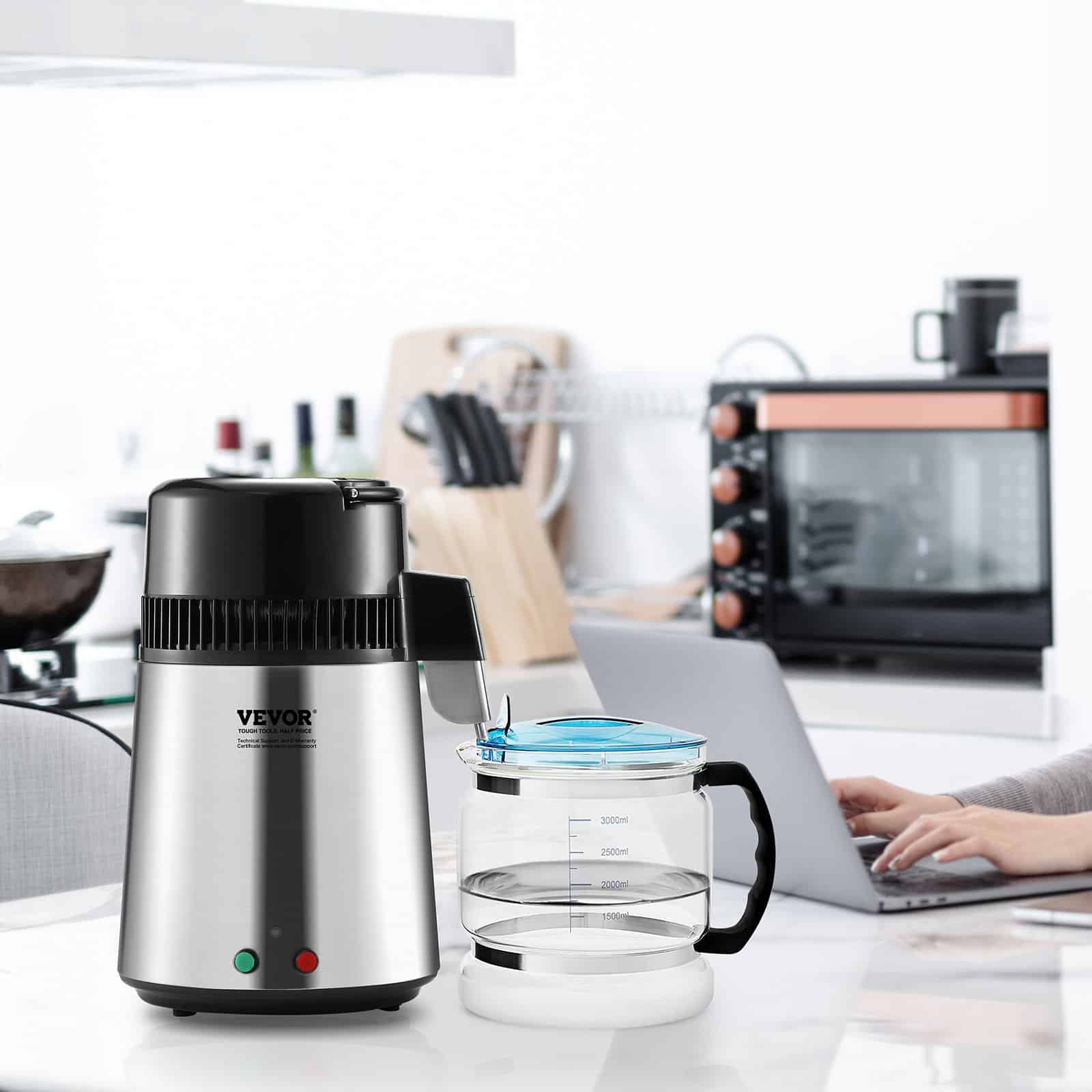 VEVOR 4L Stainless Steel Water Distiller Purifier, 750W, 1L/h, Glass Container, for Home, Office, Lab, Medical Use - Pilt 8