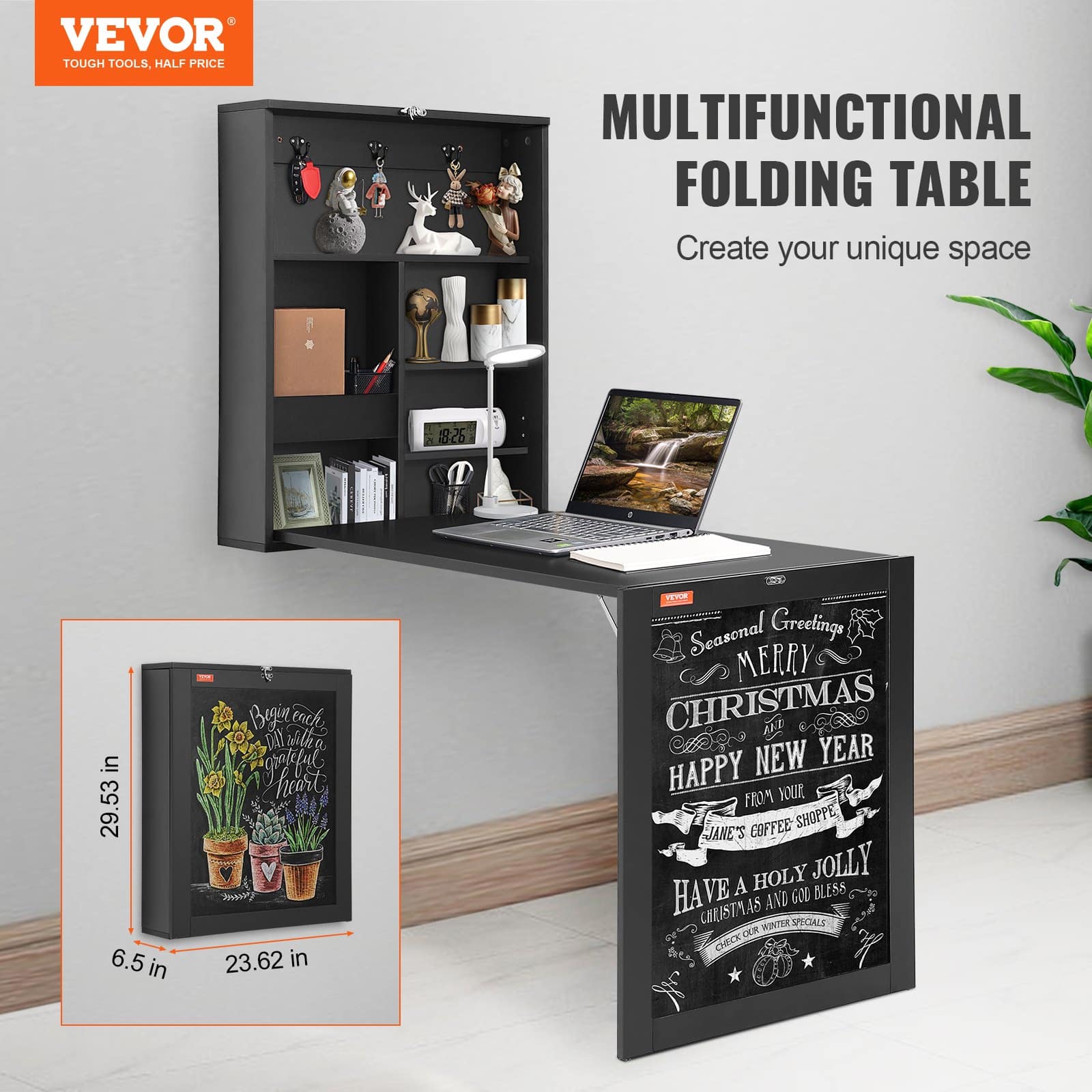 VEVOR Wall-Mounted Folding Desk with Blackboard, Space-Saving Convertible Table for Home Office, 60x16.5x75 cm, 45 kg Load — изображение 2