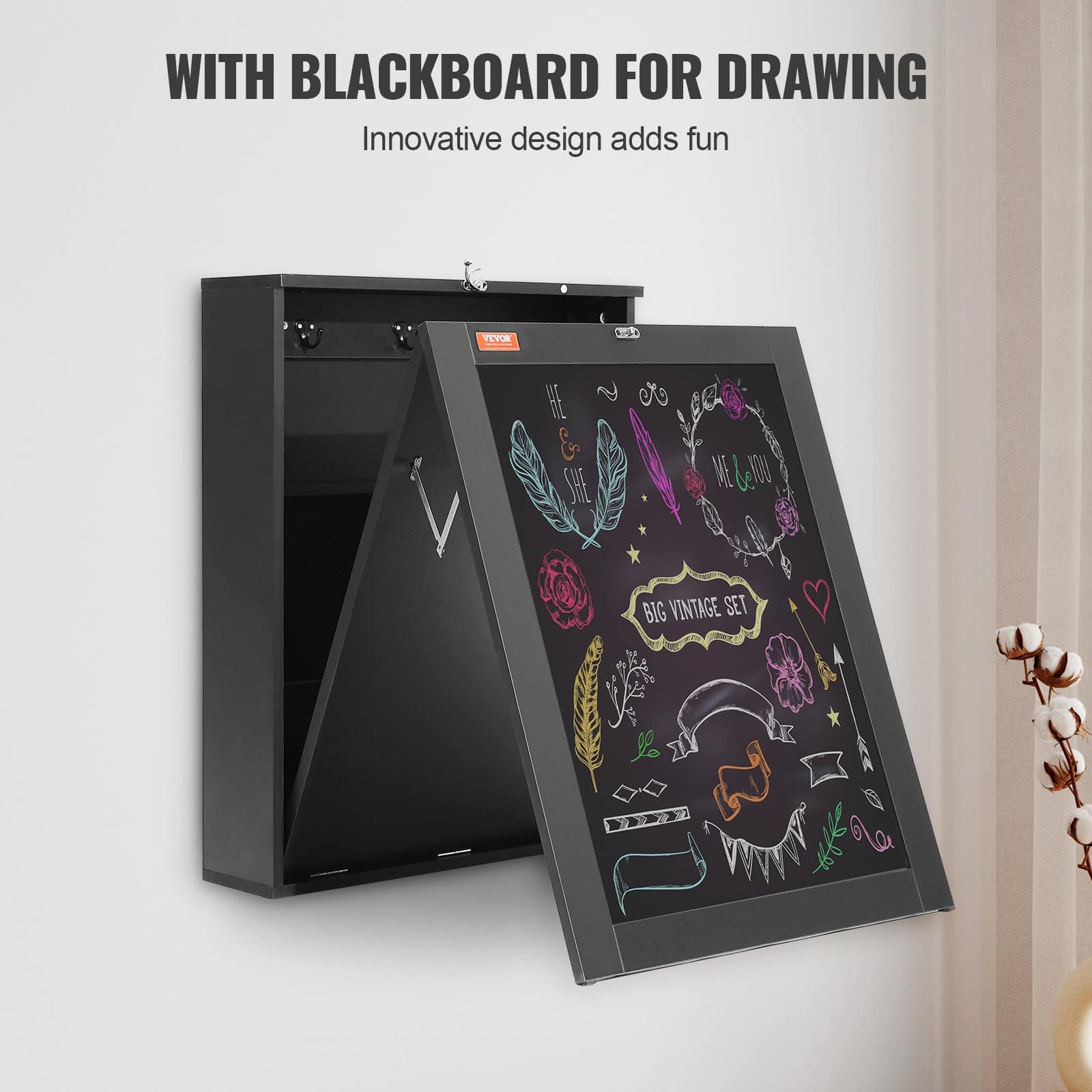 VEVOR Wall-Mounted Folding Desk with Blackboard, Space-Saving Convertible Table for Home Office, 60x16.5x75 cm, 45 kg Load — изображение 3