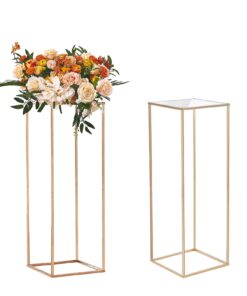 VEVOR 2PCS 80cm Gold Metal Wedding Flower Stands with Acrylic Top – Geometric Column Display for Events & Parties