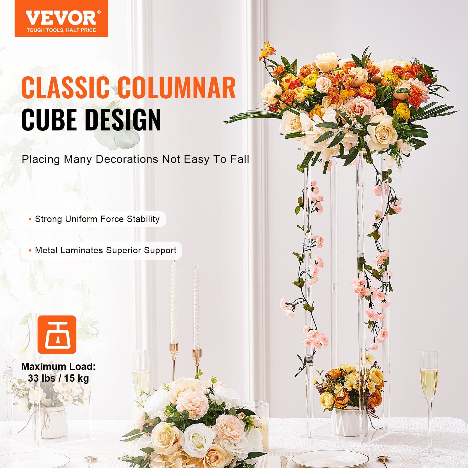 VEVOR Set of 10 Acrylic Wedding Flower Stands, 60cm Geometric Column Vases for Event, Party & Home Decoration — изображение 2