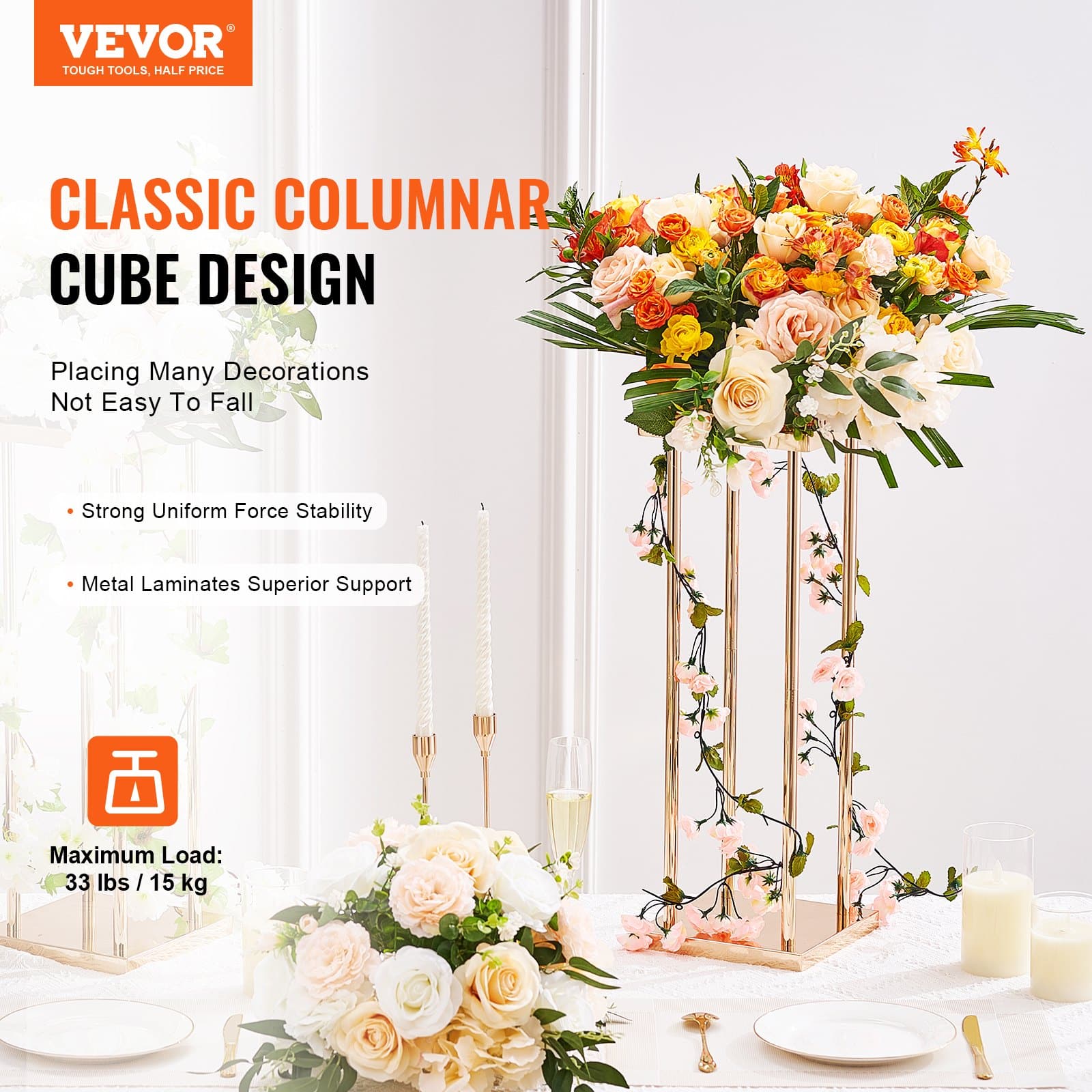 VEVOR 4PCS Gold Metal Flower Stands 80cm High – Geometric Column Vase Display for Weddings, Events, Parties, Decor — изображение 2