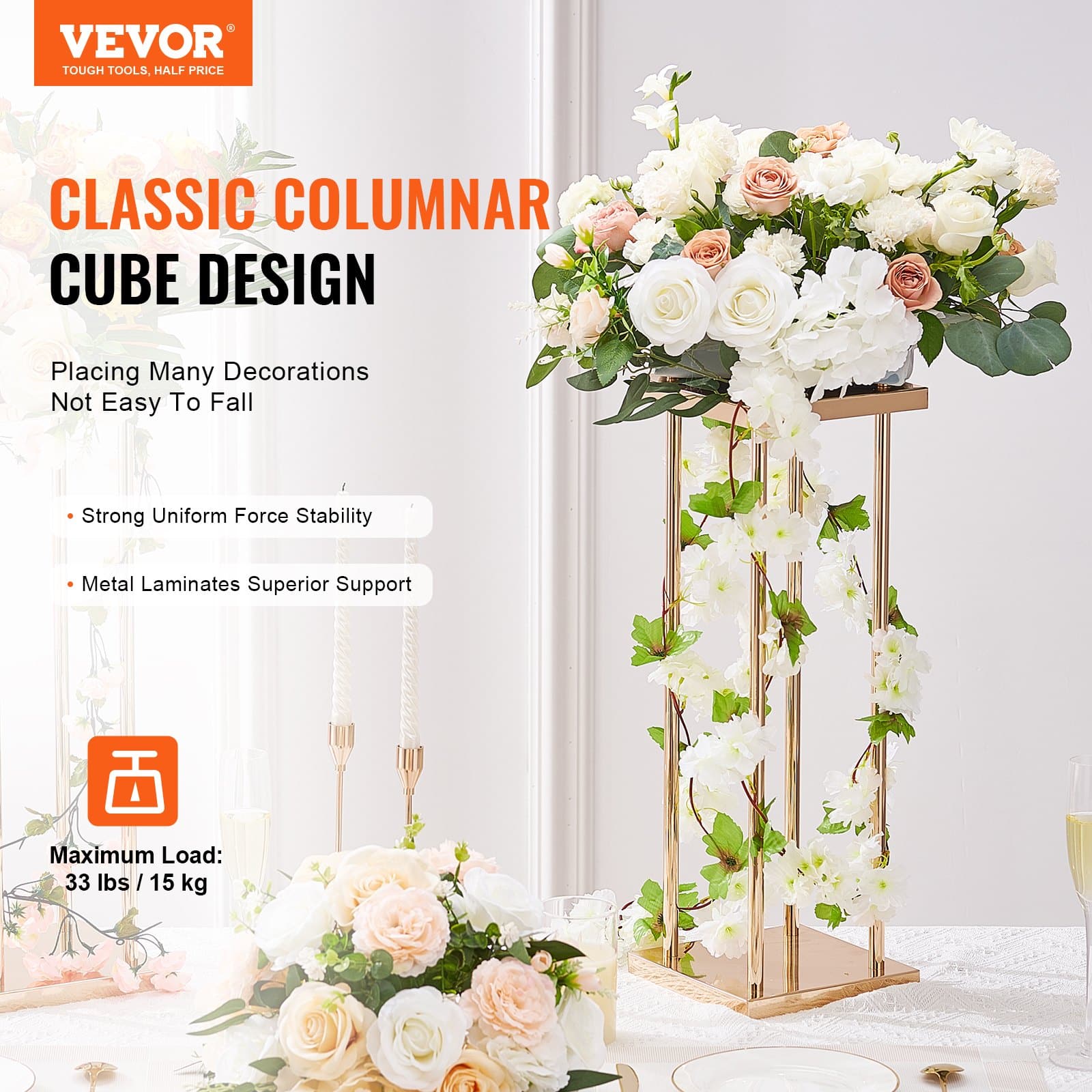 VEVOR 4PCS Gold Metal Wedding Flower Stands, 60cm Tall Geometric Column Vases for Events, Parties, Receptions - Зображення 2