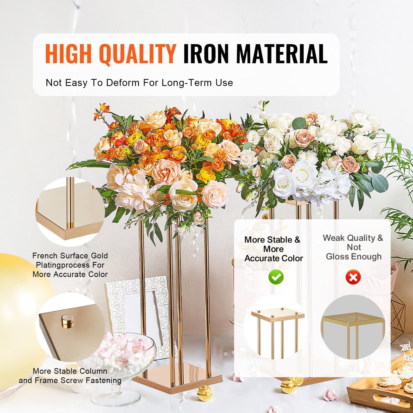 VEVOR 4PCS Gold Metal Wedding Flower Stands, 60cm Tall Geometric Column Vases for Events, Parties, Receptions - Зображення 3