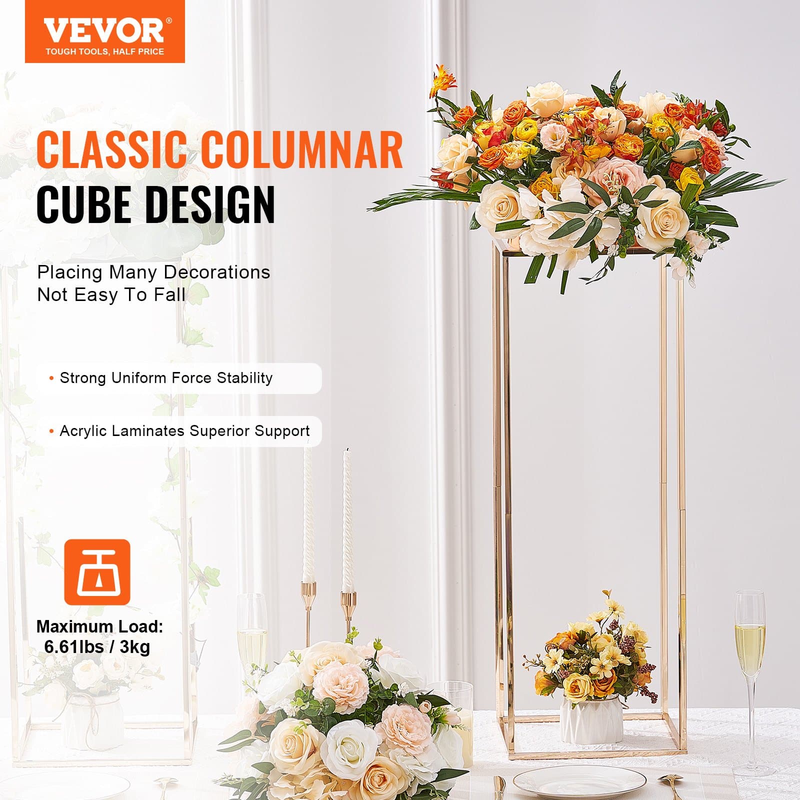 VEVOR Set of 10 Gold 80cm Metal Wedding Flower Stands with Acrylic Shelves – Geometric Rectangular Column for Event Decor — изображение 2