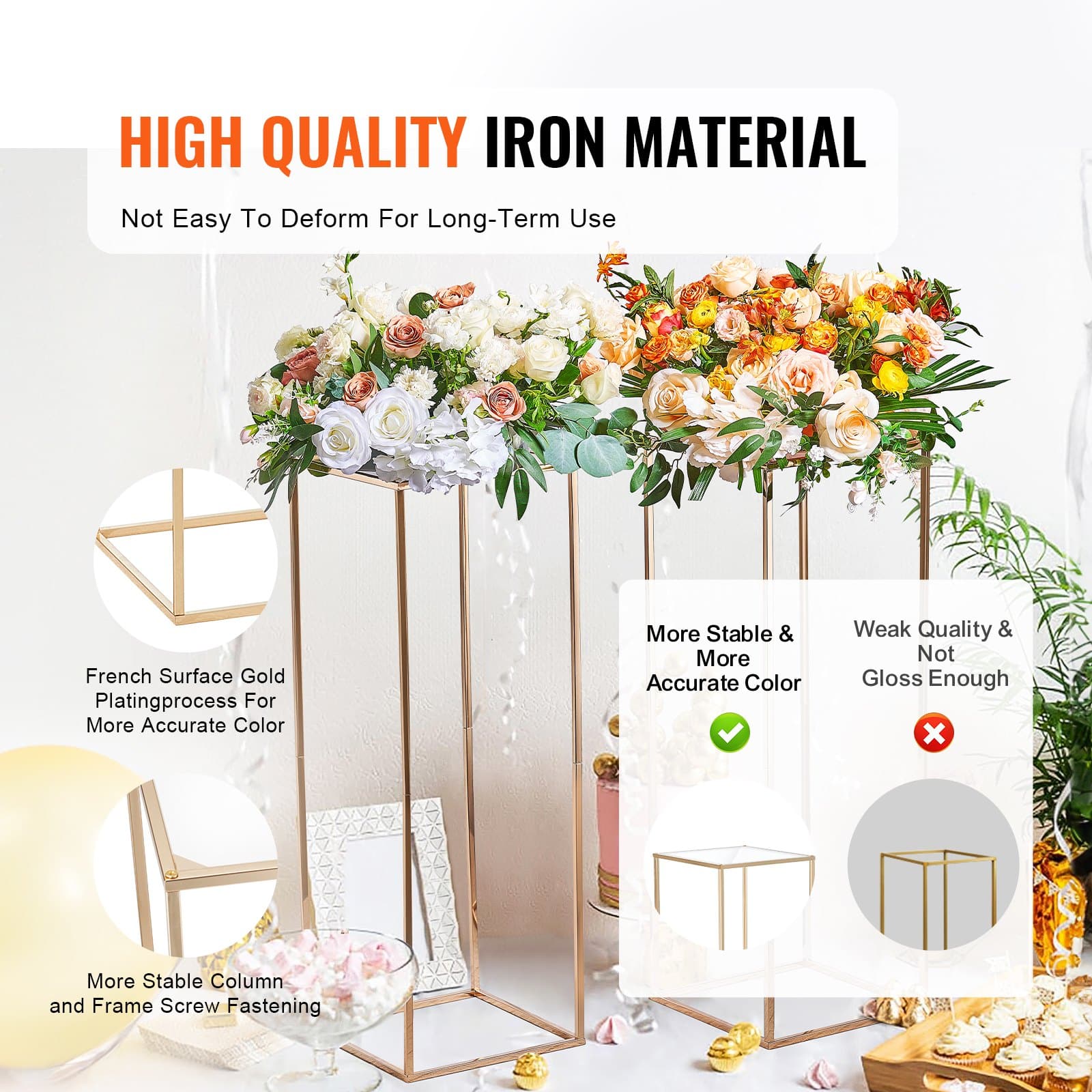 VEVOR Set of 10 Gold 80cm Metal Wedding Flower Stands with Acrylic Shelves – Geometric Rectangular Column for Event Decor — изображение 3