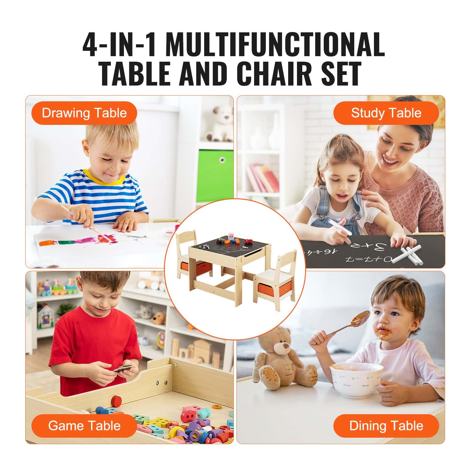 VEVOR Kids Wooden Activity Table & Chair Set with Storage Boxes, Multi-Function Play & Learning Desk for Toddlers 2–8 Years – Paveikslėlis 6