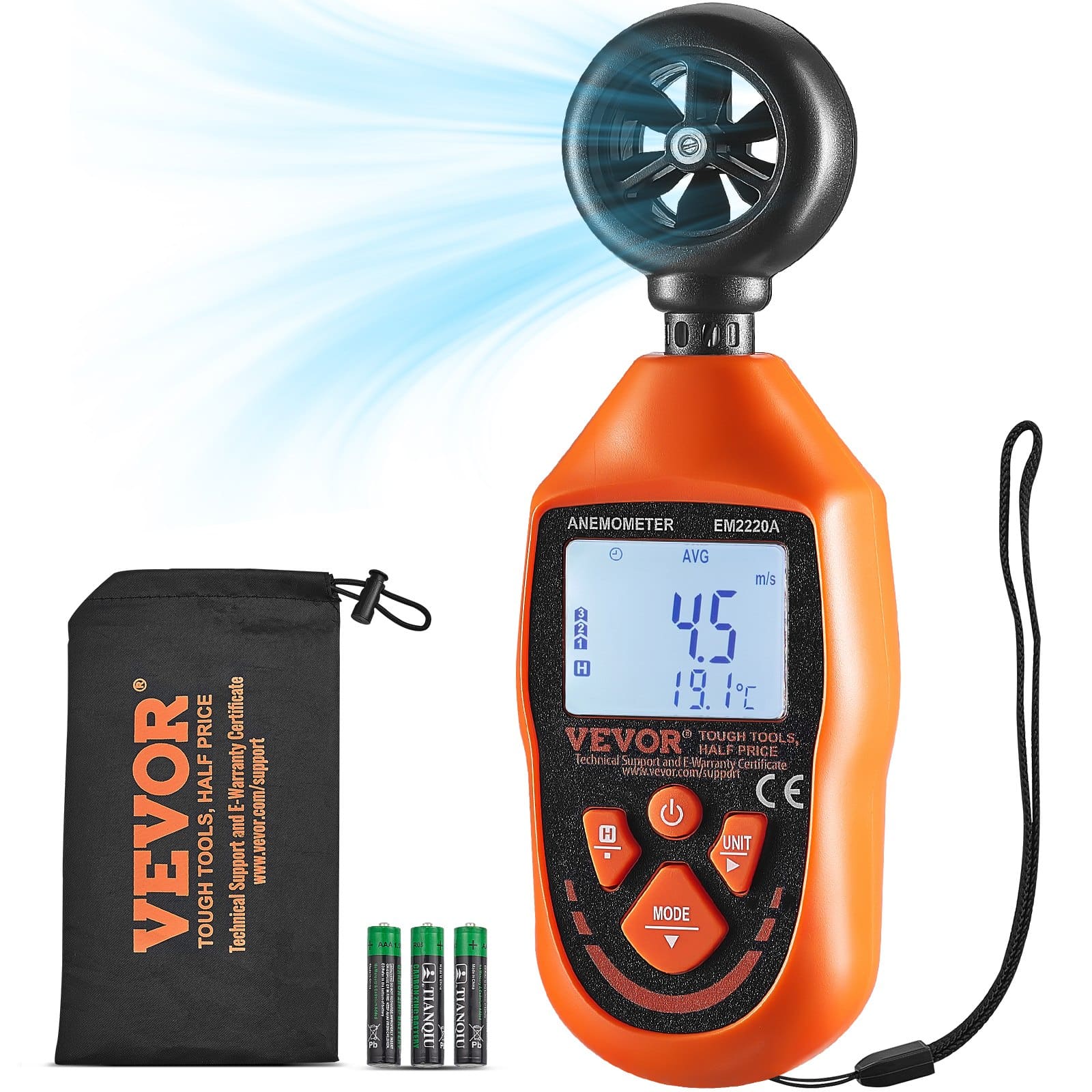 VEVOR Handheld Digital Anemometer with LED Screen, Measures Wind Speed (0–111.6 km/h), Temperature (−10–45°C), Airflow & Chill