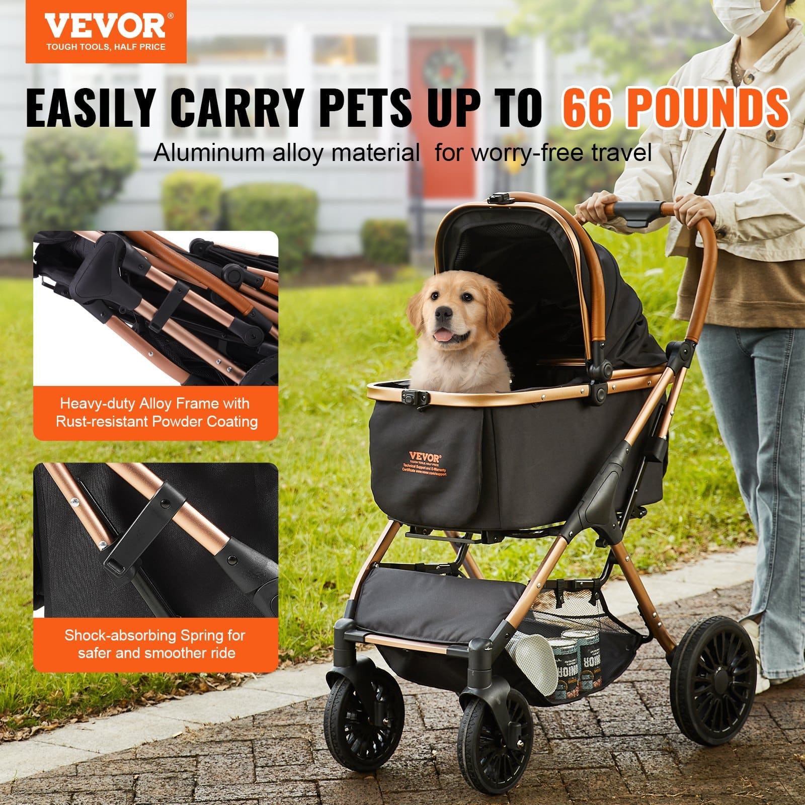 VEVOR Pet Stroller for Small to Medium Dogs, 30kg Capacity, Foldable with Detachable Carrier, Storage Basket, Black — attēls 2