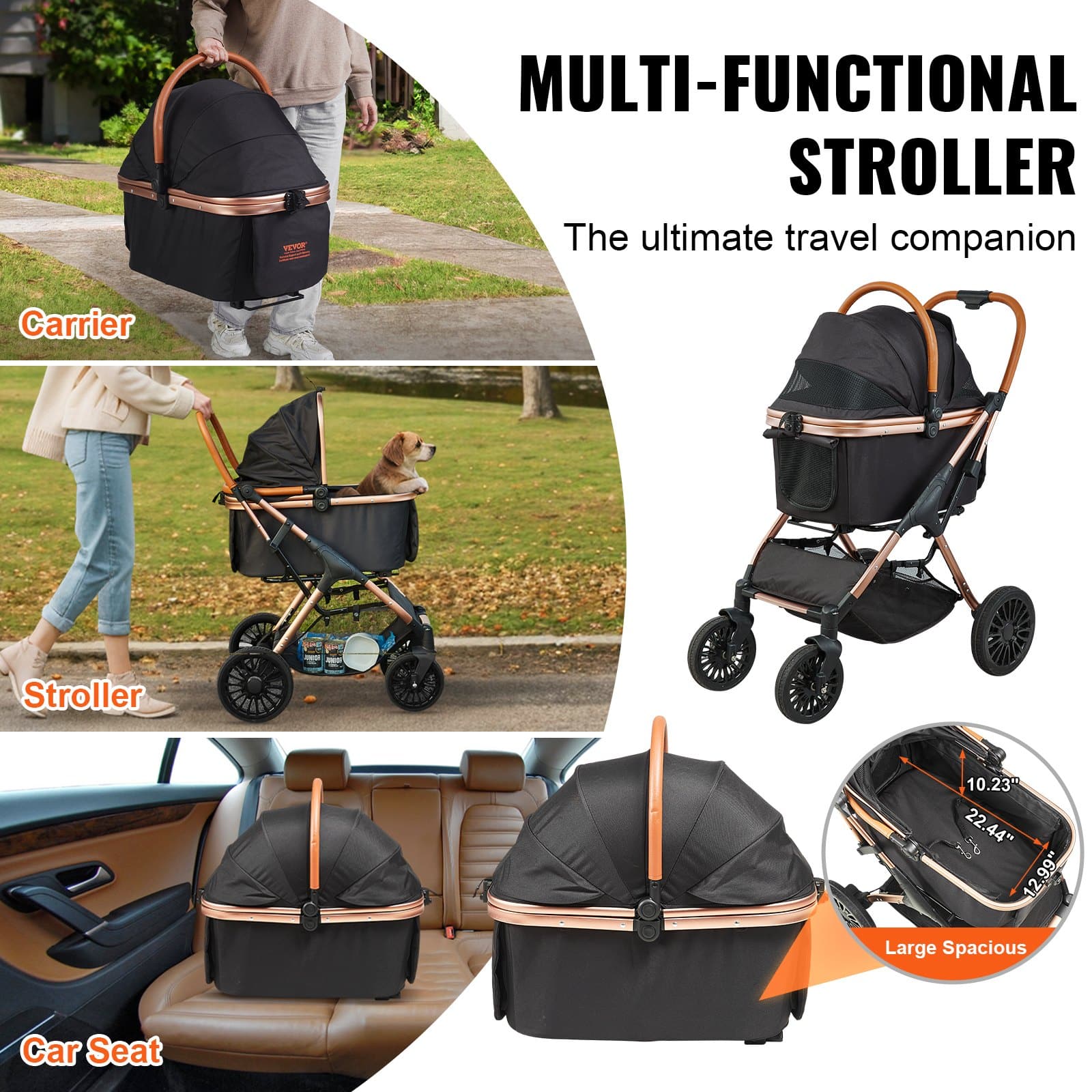 VEVOR Pet Stroller for Small to Medium Dogs, 30kg Capacity, Foldable with Detachable Carrier, Storage Basket, Black — attēls 5