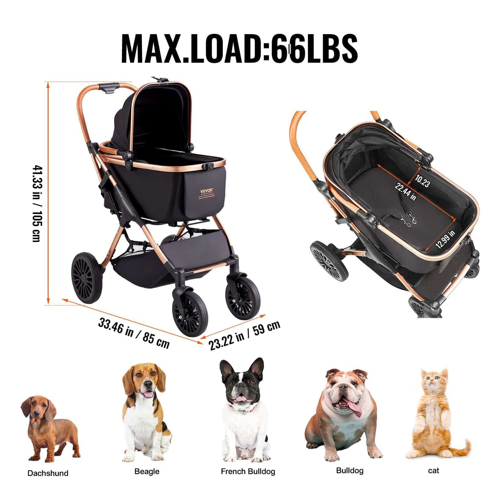 VEVOR Pet Stroller for Small to Medium Dogs, 30kg Capacity, Foldable with Detachable Carrier, Storage Basket, Black — attēls 6