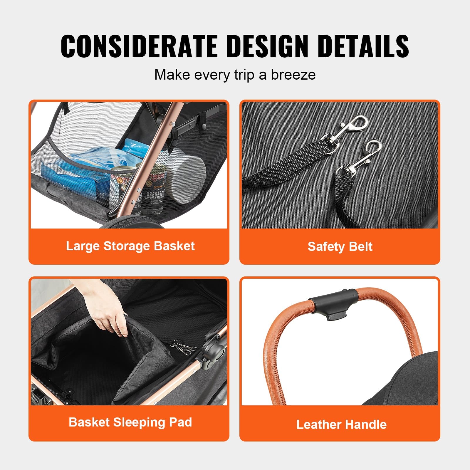 VEVOR Pet Stroller for Small to Medium Dogs, 30kg Capacity, Foldable with Detachable Carrier, Storage Basket, Black — attēls 7