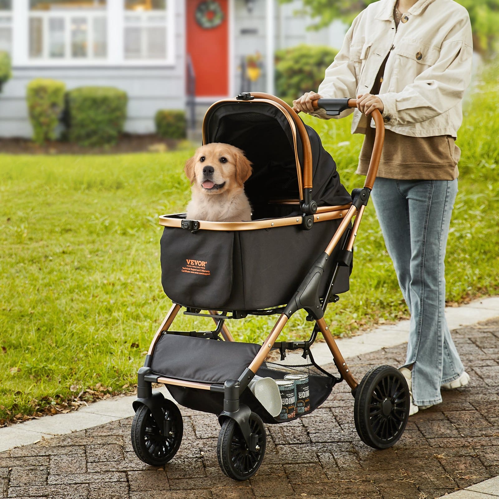 VEVOR Pet Stroller for Small to Medium Dogs, 30kg Capacity, Foldable with Detachable Carrier, Storage Basket, Black — attēls 8