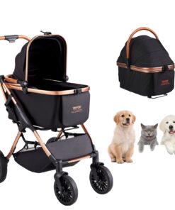 VEVOR mājdzīvnieku rati maziem un vidējiem suņiem, 30kg ietilpība, salokāmi ar noņemamu grozu, melni