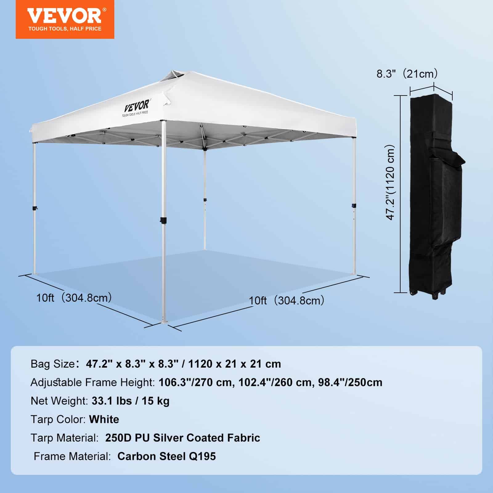 VEVOR 3x3 m Pop Up Canopy Tent with Bag, UV & Water-Resistant, Adjustable Height, for Camping & Outdoor Events, White – Paveikslėlis 7