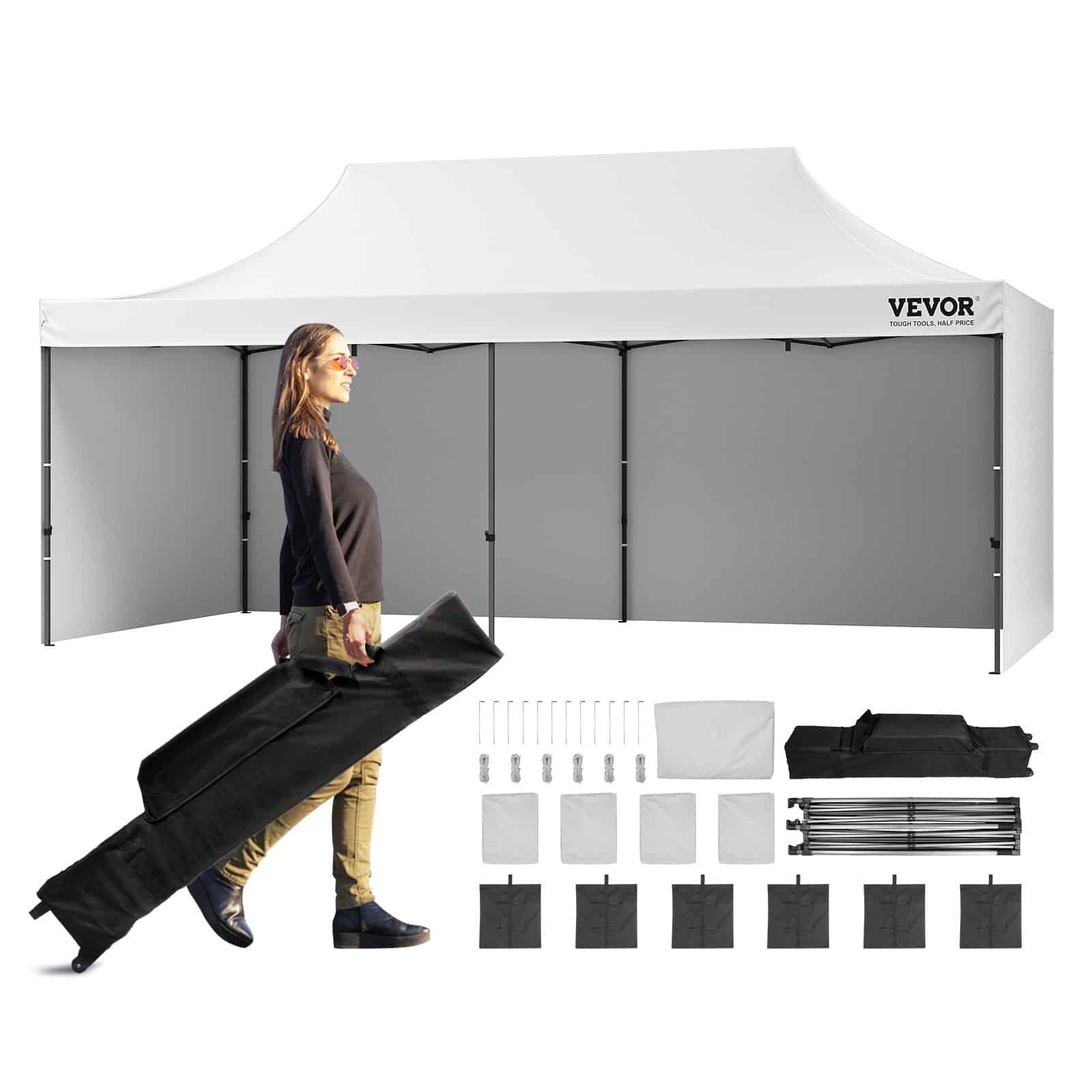 VEVOR 3.05x6.1 m Pop Up Canopy Tent with Sidewalls & Bag, White Outdoor Gazebo, UV & Water-Resistant, for Events & Parties