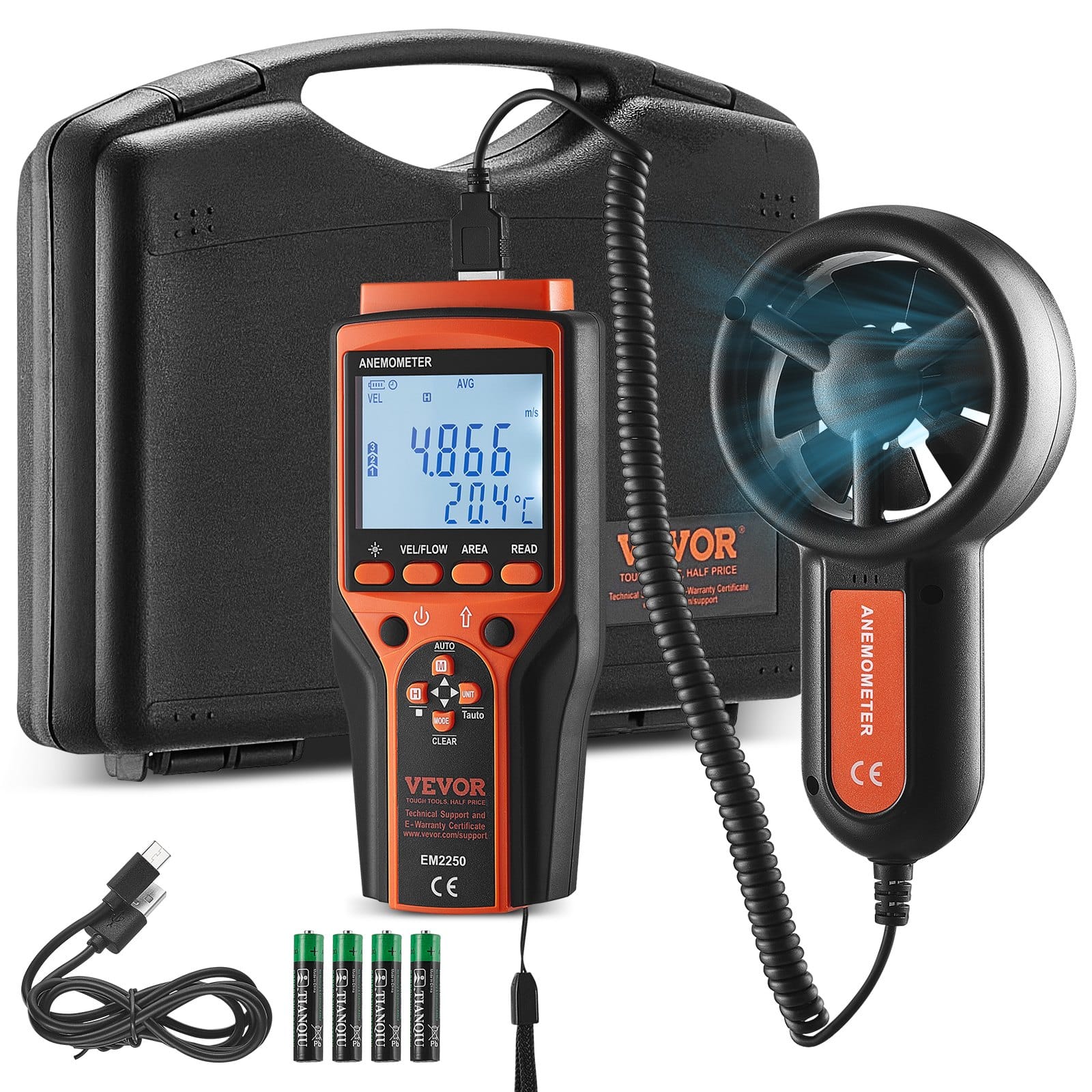 VEVOR Handheld Digital Anemometer, Wind Speed & Temp Meter, LED Display, USB, Waterproof, for Sailing, Flying, HVAC, 4-in-1