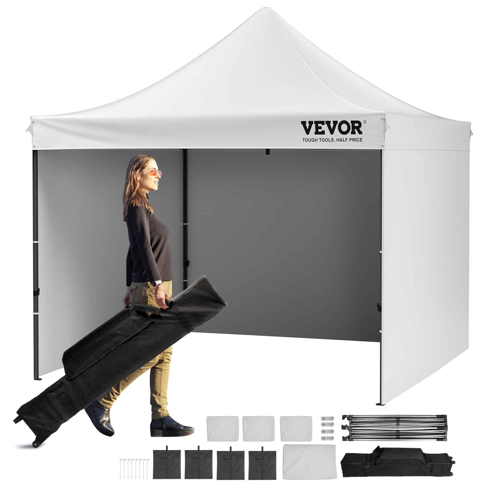 VEVOR 3x3m Pop Up Canopy Tent with Sidewalls & Wheeled Bag, Waterproof UV-Resistant Outdoor Gazebo, White