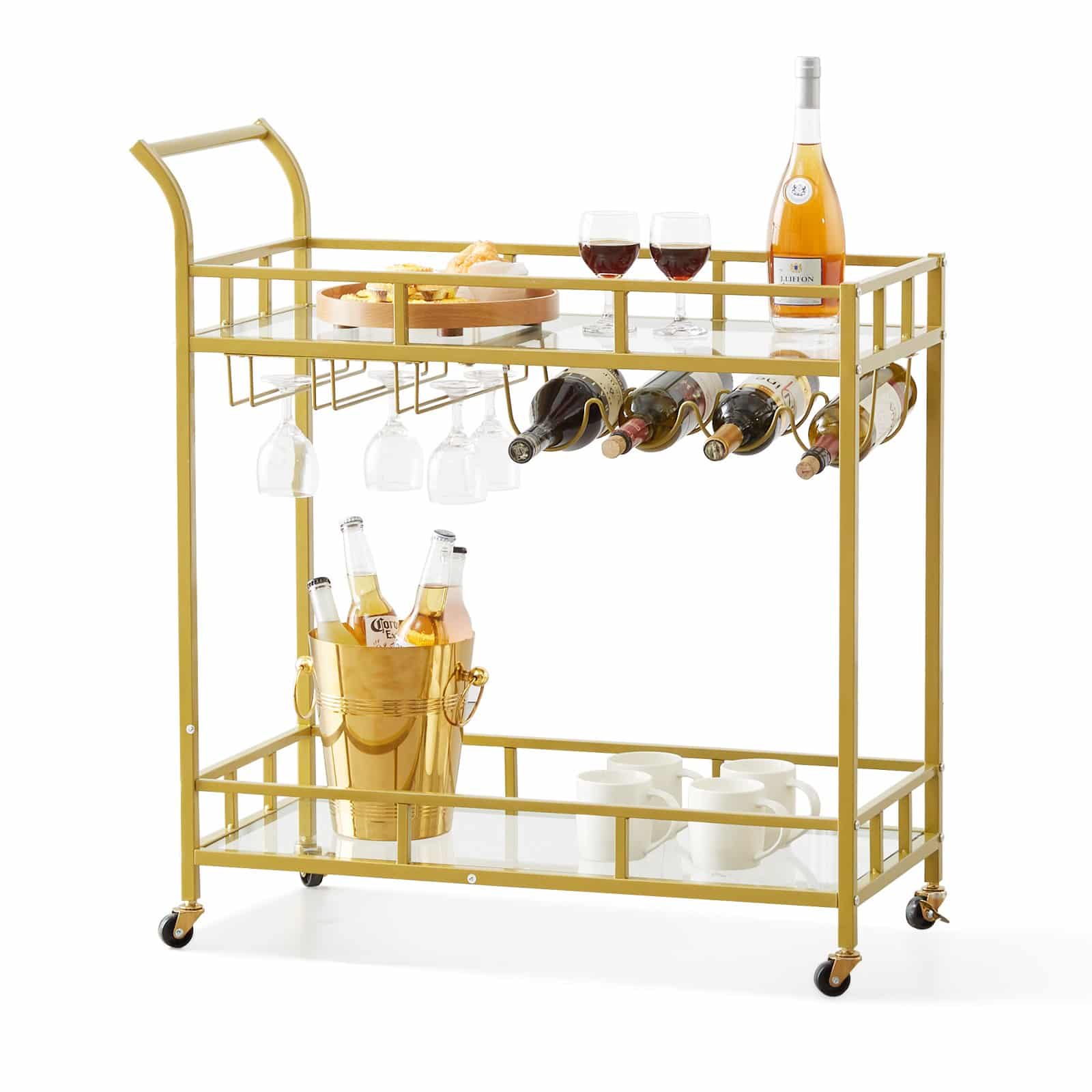 VEVOR Gold Bar Cart 2 karastatud klaasist riiuli, veiniriiuli ja lukustatavate ratastega, 85,6x38,1x93 cm valtsimise serveerimiskäru