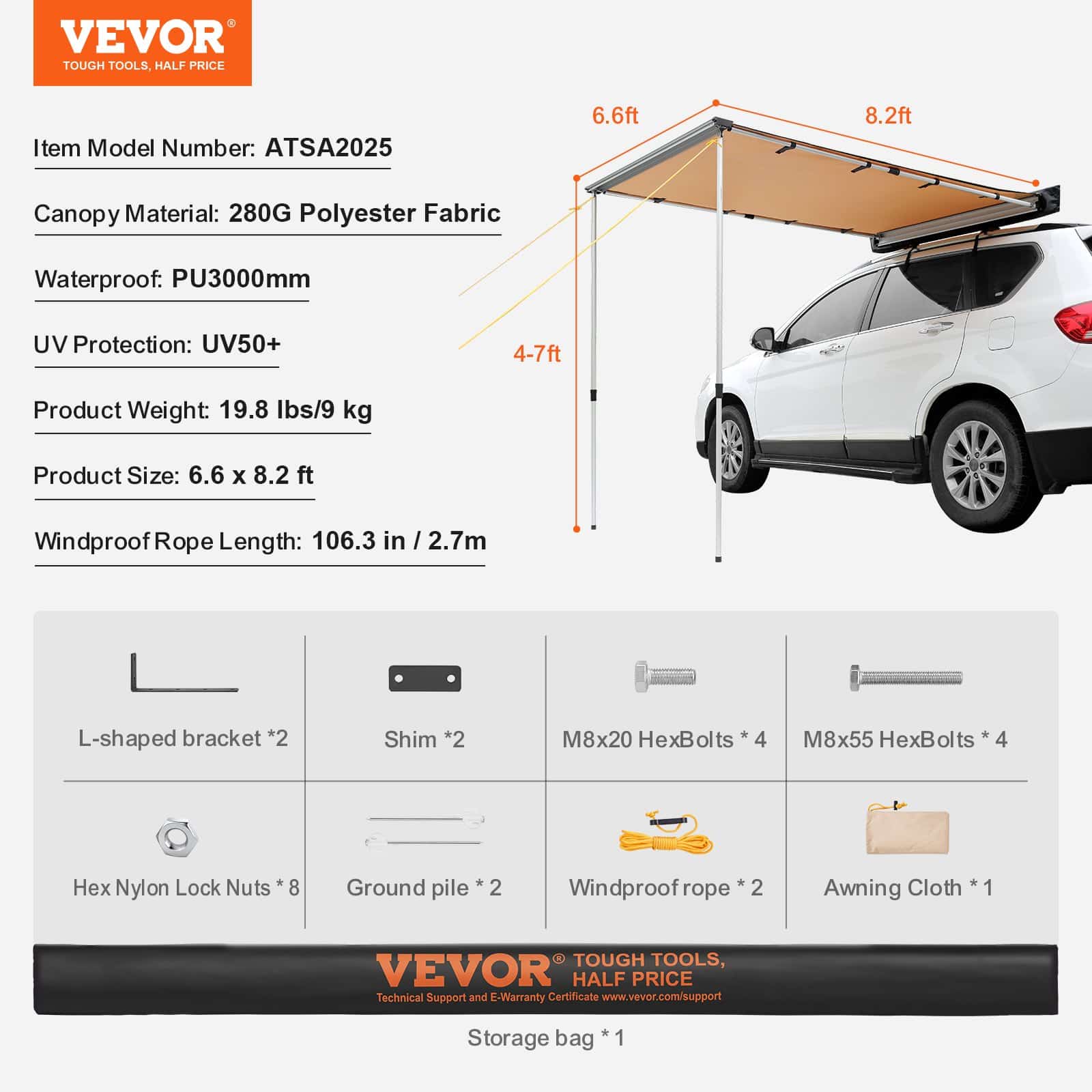 VEVOR Car Side Awning 200x250cm, UV50+ Waterproof Retractable Vehicle Shade for SUV/Truck/Van, Adjustable Height, with Bag — изображение 7