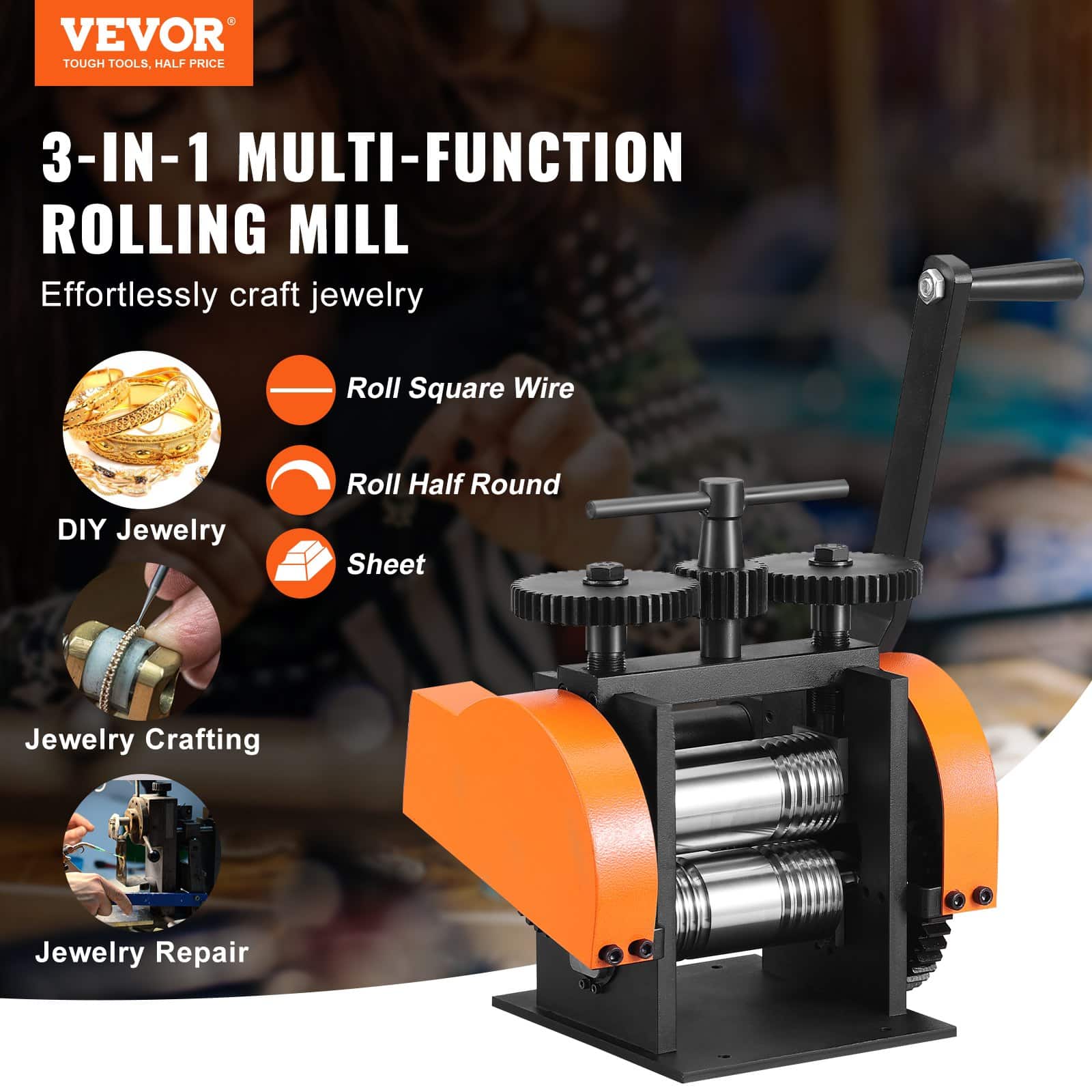 VEVOR 3-in-1 Jewelry Rolling Mill, 45 mm Roller, 0–6 mm Thickness, Gear Ratio 1:2.4, for Sheet, Wire, Semicircle Metal Forming – Paveikslėlis 2