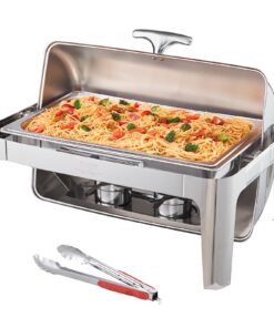 VEVOR 7.6L Stainless Steel Roll Top Chafing Dish Set – Full-Size Buffet Warmer with Lid, Fuel Holder & Stand for 8+ People