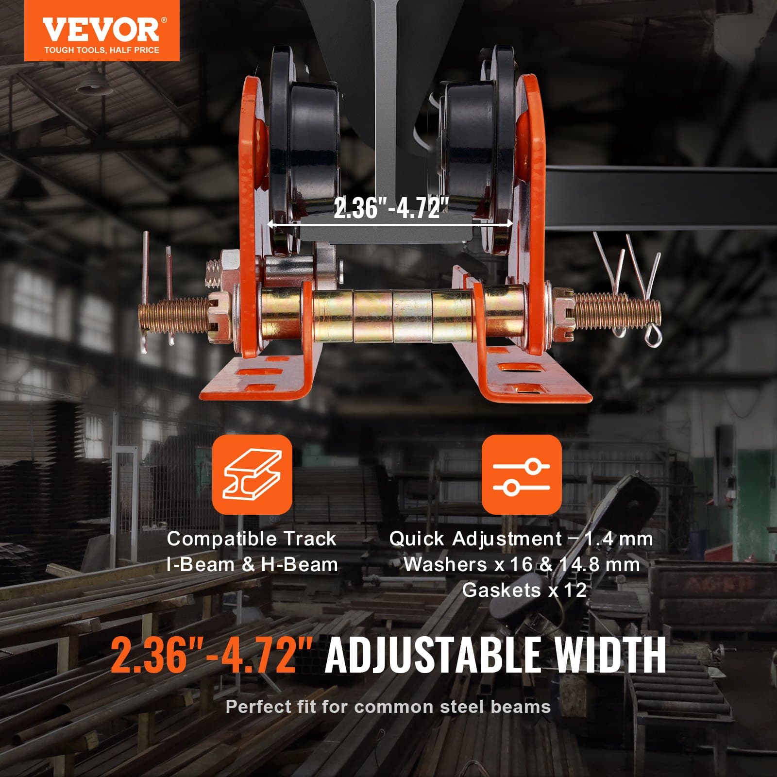 VEVOR Manual Push Beam Trolley for Electric Hoist, 499 kg Capacity, Adjustable 6–12 cm Flange, Fits PA200–PA500, Dual Wheels - Image 2