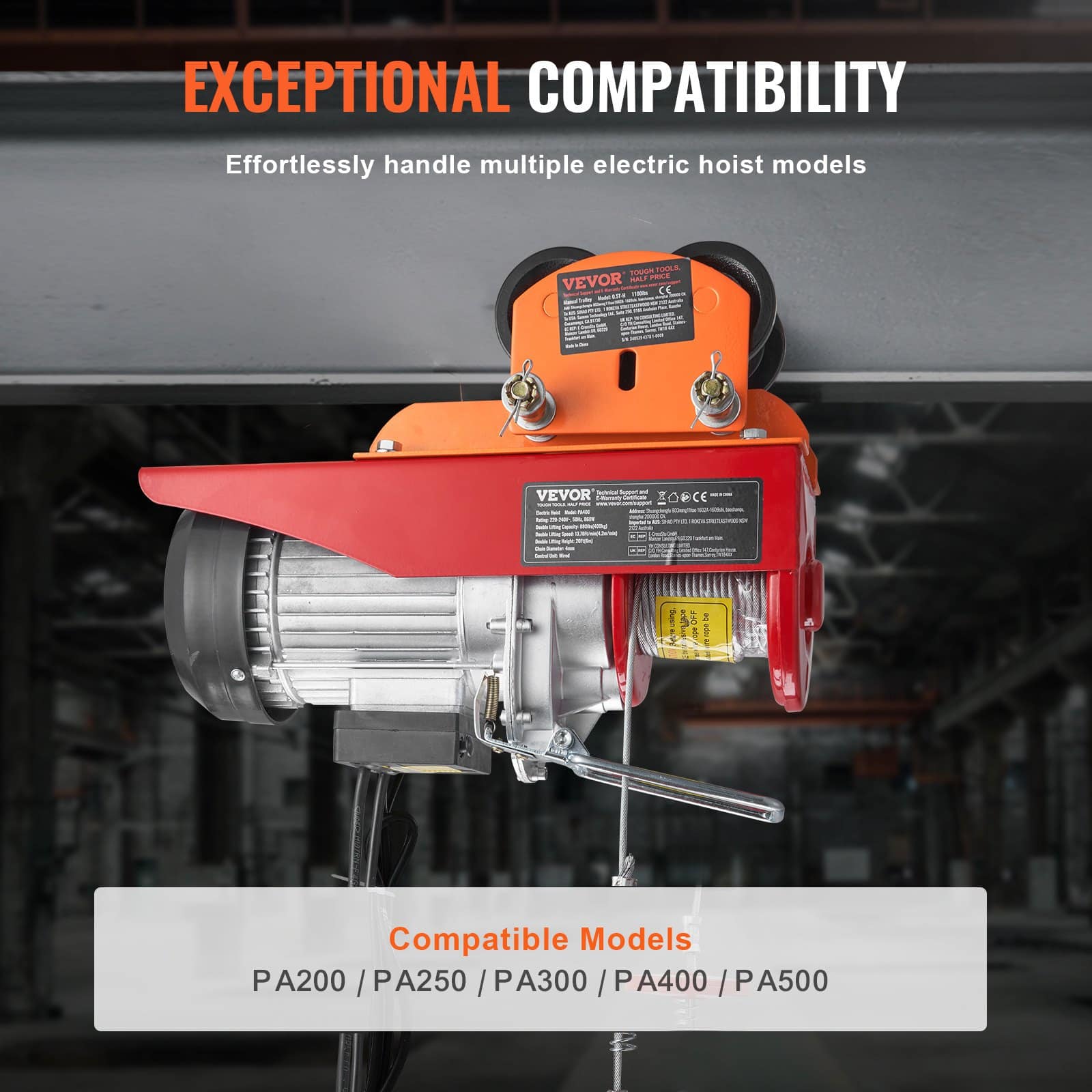 VEVOR Manual Push Beam Trolley for Electric Hoist, 499 kg Capacity, Adjustable 6–12 cm Flange, Fits PA200–PA500, Dual Wheels - Image 3