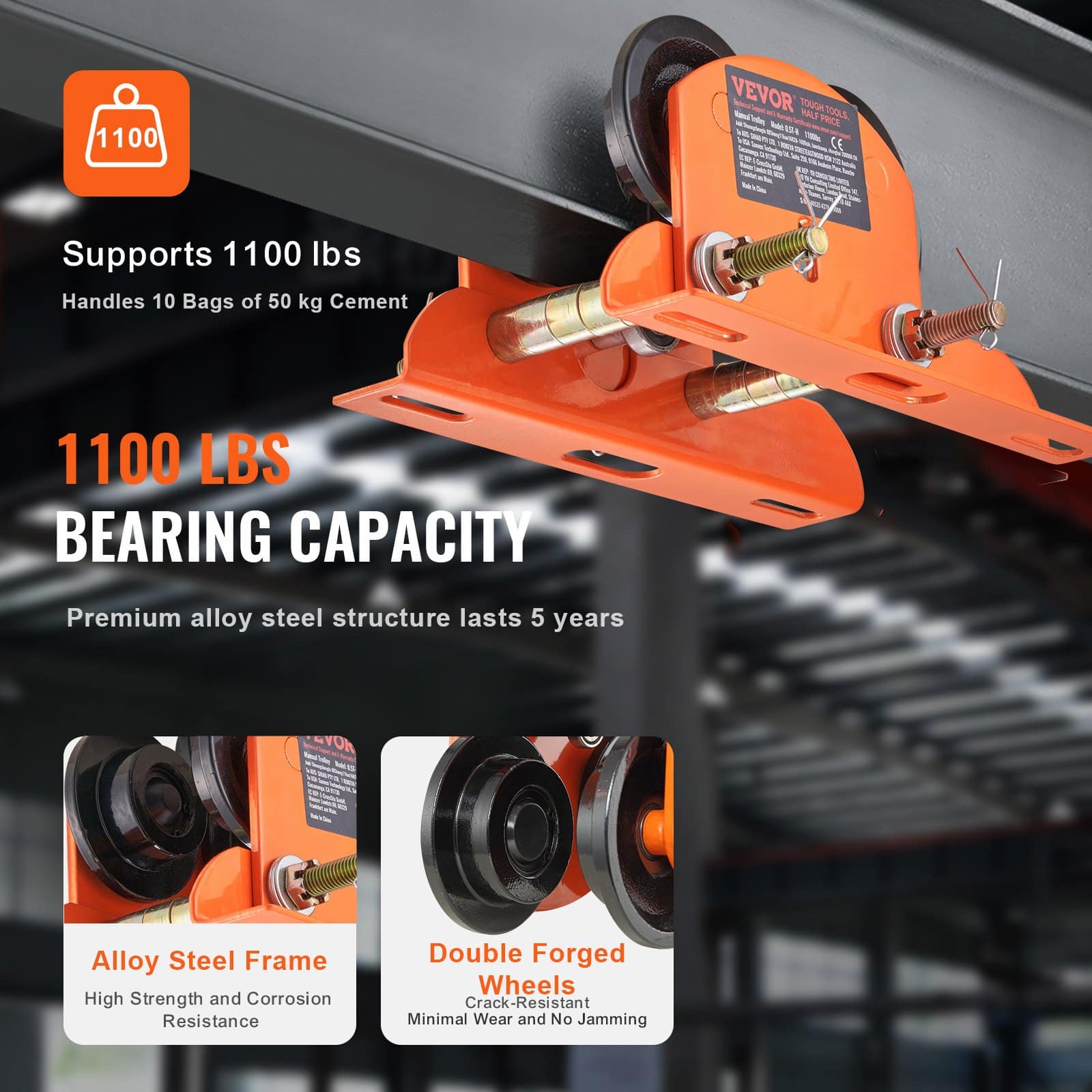 VEVOR Manual Push Beam Trolley for Electric Hoist, 499 kg Capacity, Adjustable 6–12 cm Flange, Fits PA200–PA500, Dual Wheels - Image 4