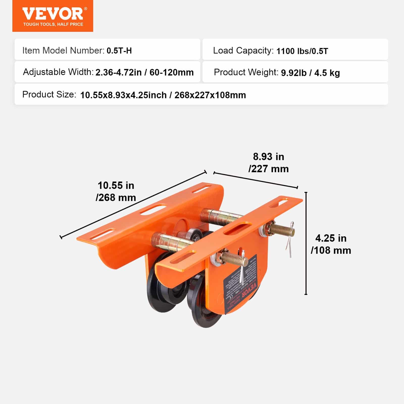VEVOR Manual Push Beam Trolley for Electric Hoist, 499 kg Capacity, Adjustable 6–12 cm Flange, Fits PA200–PA500, Dual Wheels - Image 7