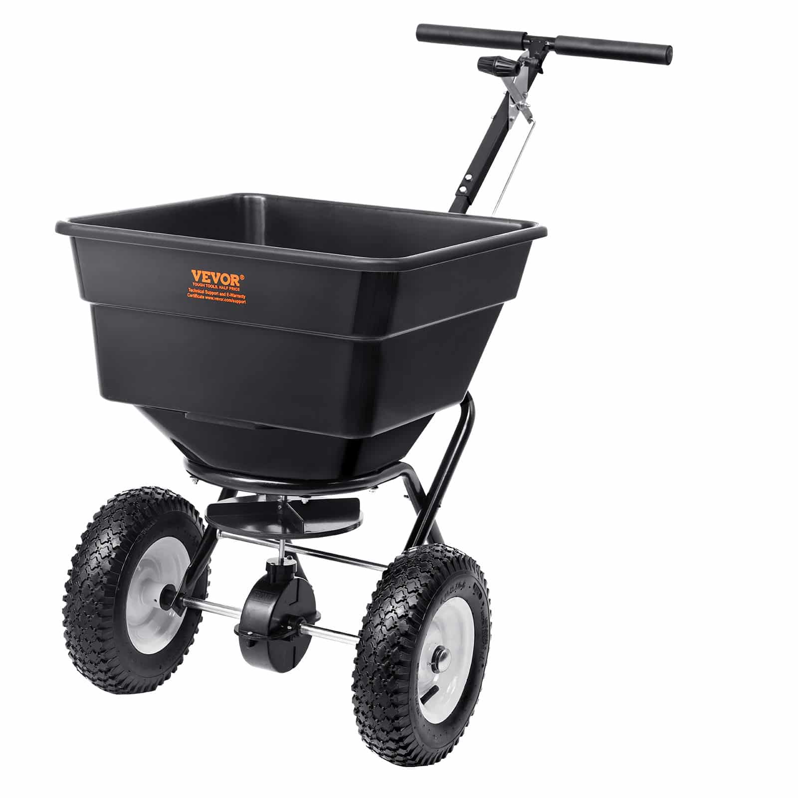 VEVOR 56L Broadcast Spreader with 30.5 cm Wheels, Walk-Behind Seeder & Fertilizer Cart for Lawn, Salt, Seeds & Fertilizer, Black