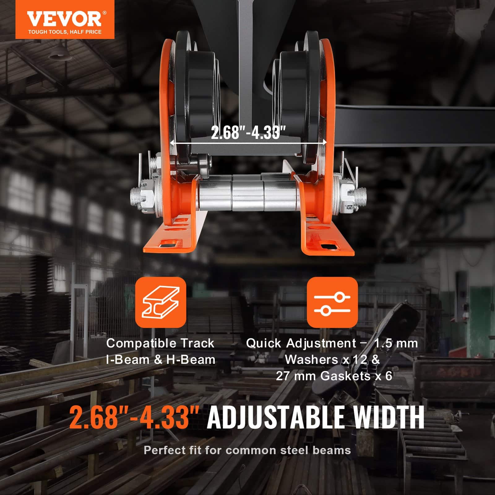 VEVOR 1 Ton Manual Push Beam Trolley for Electric Hoists PA200–PA500, Adjustable 6.8–11 cm Width, Dual Wheels, Alloy Steel - Image 2