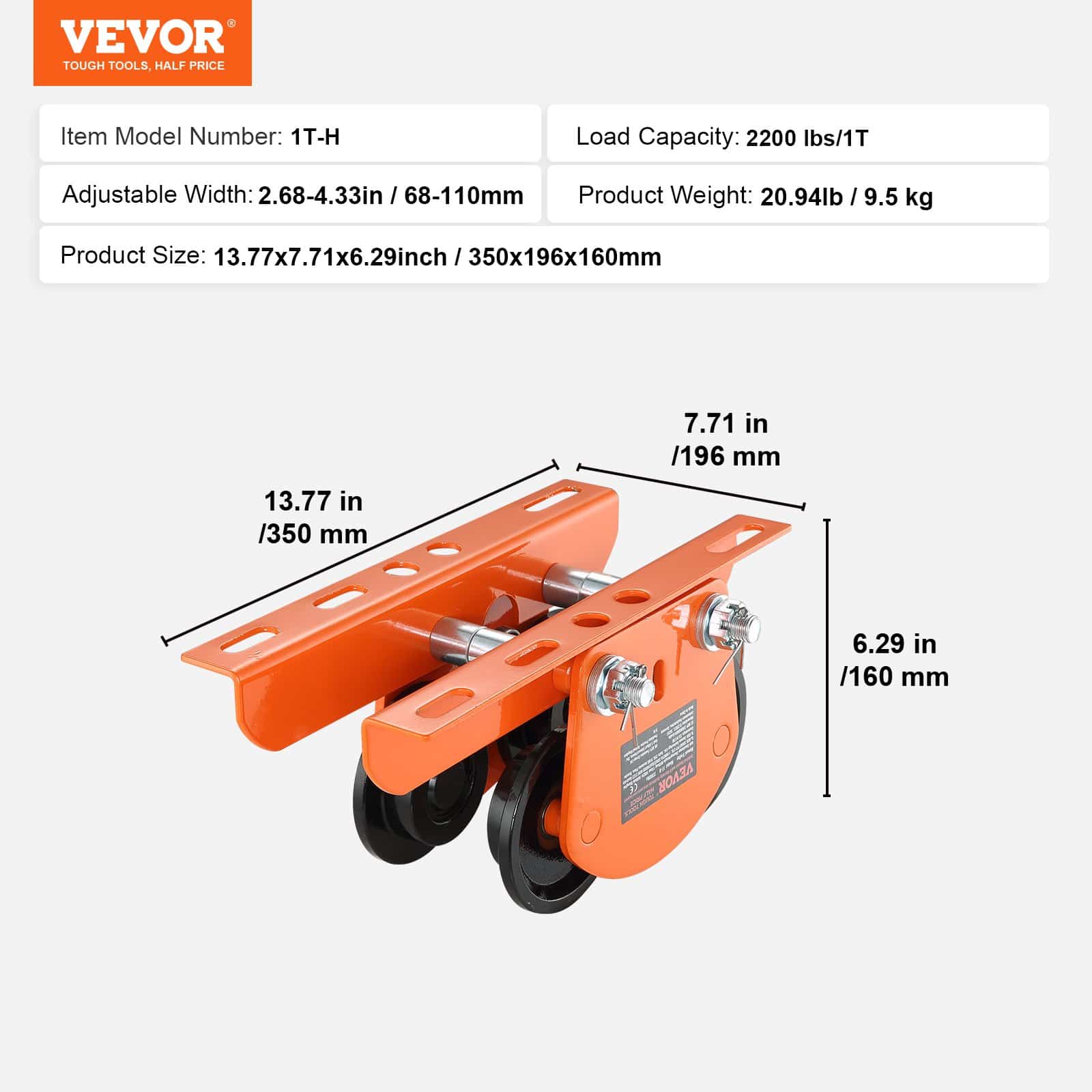 VEVOR 1 Ton Manual Push Beam Trolley for Electric Hoists PA200–PA500, Adjustable 6.8–11 cm Width, Dual Wheels, Alloy Steel - Image 7