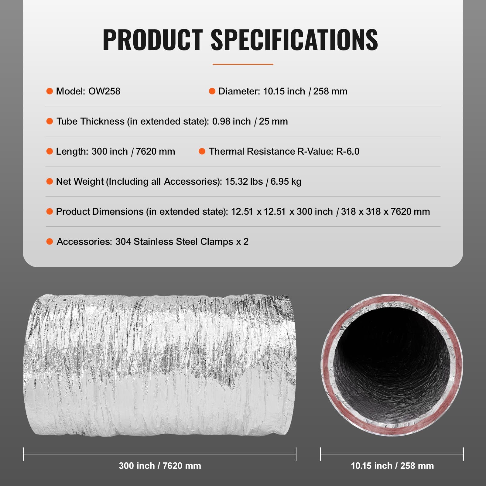 VEVOR 254mm Insulated Dryer Vent Hose, 7.62m Flexible Duct with Clamps, 3-Layer Flame-Resistant HVAC Exhaust Tube — attēls 7
