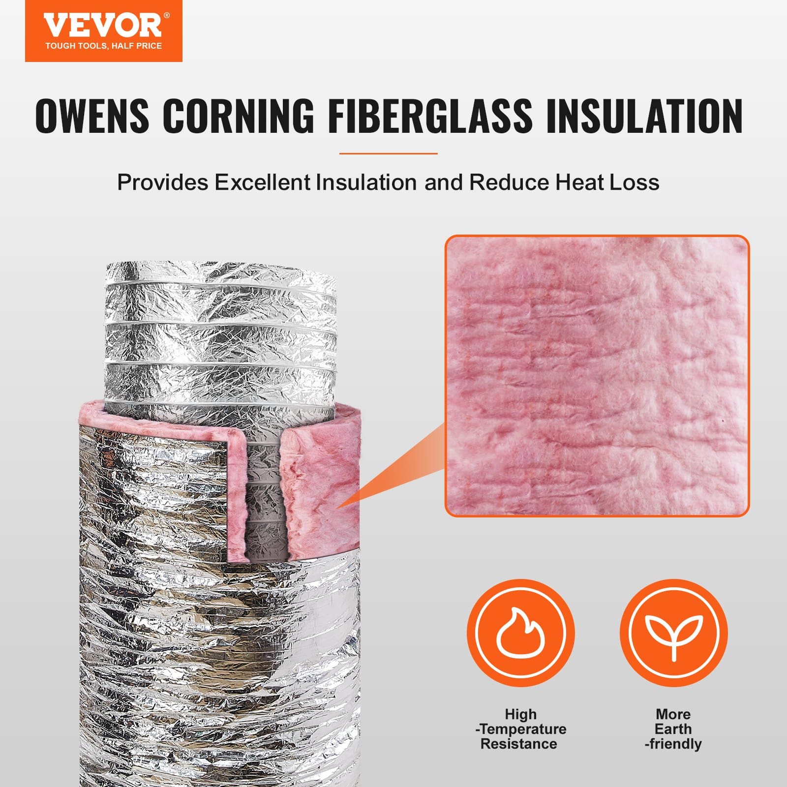 VEVOR 127mm Insulated Dryer Vent Hose, 7.62m Flexible Duct with Clamps, 3-Layer R-6.0 Fire-Resistant HVAC Exhaust Pipe - Зображення 2